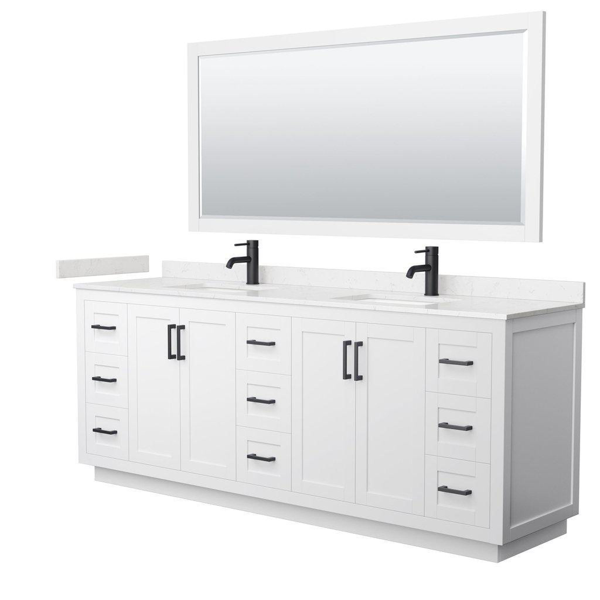 Wyndham Collection, Wyndham Collection Miranda 84" Double Bathroom White Vanity Set With Light-Vein Carrara Cultured Marble Countertop, Undermount Square Sink, 70" Mirror And Matte Black Trim