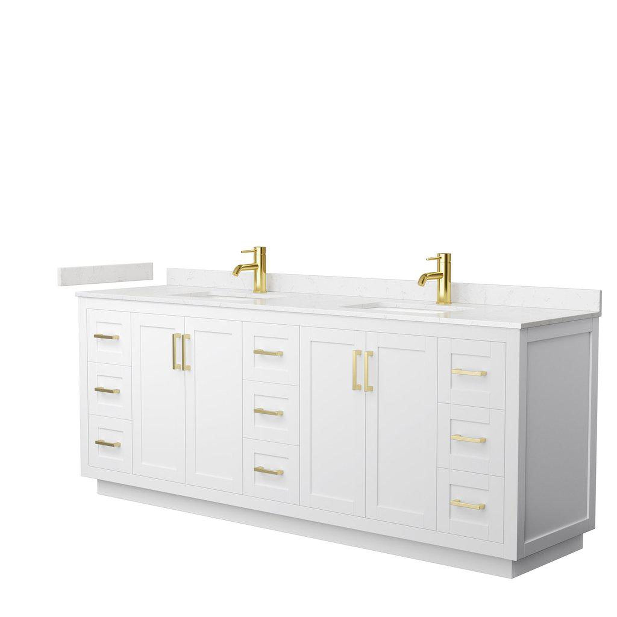 Wyndham Collection, Wyndham Collection Miranda 84" Double Bathroom White Vanity Set With Light-Vein Carrara Cultured Marble Countertop, Undermount Square Sink, And Brushed Gold Trim