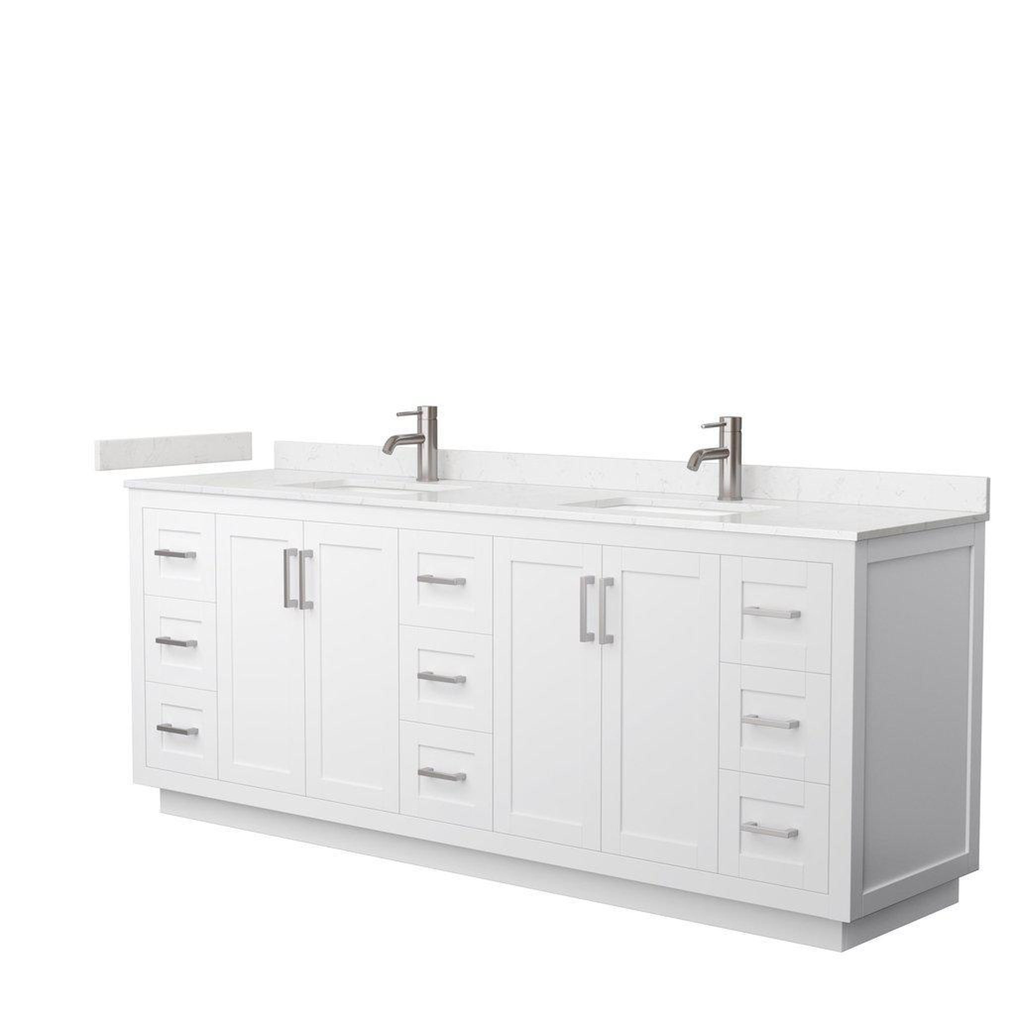 Wyndham Collection, Wyndham Collection Miranda 84" Double Bathroom White Vanity Set With Light-Vein Carrara Cultured Marble Countertop, Undermount Square Sink, And Brushed Nickel Trim