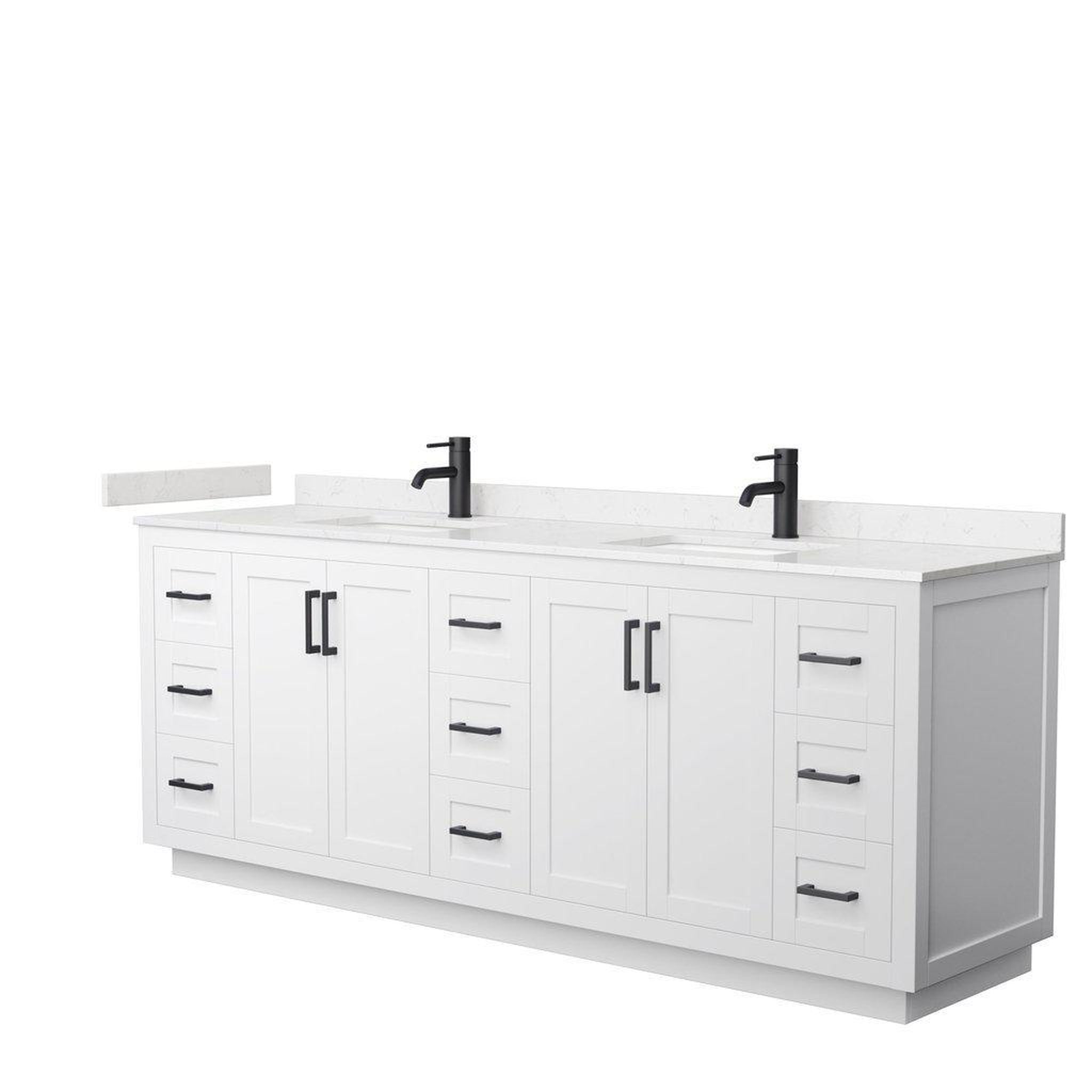 Wyndham Collection, Wyndham Collection Miranda 84" Double Bathroom White Vanity Set With Light-Vein Carrara Cultured Marble Countertop, Undermount Square Sink, And Matte Black Trim