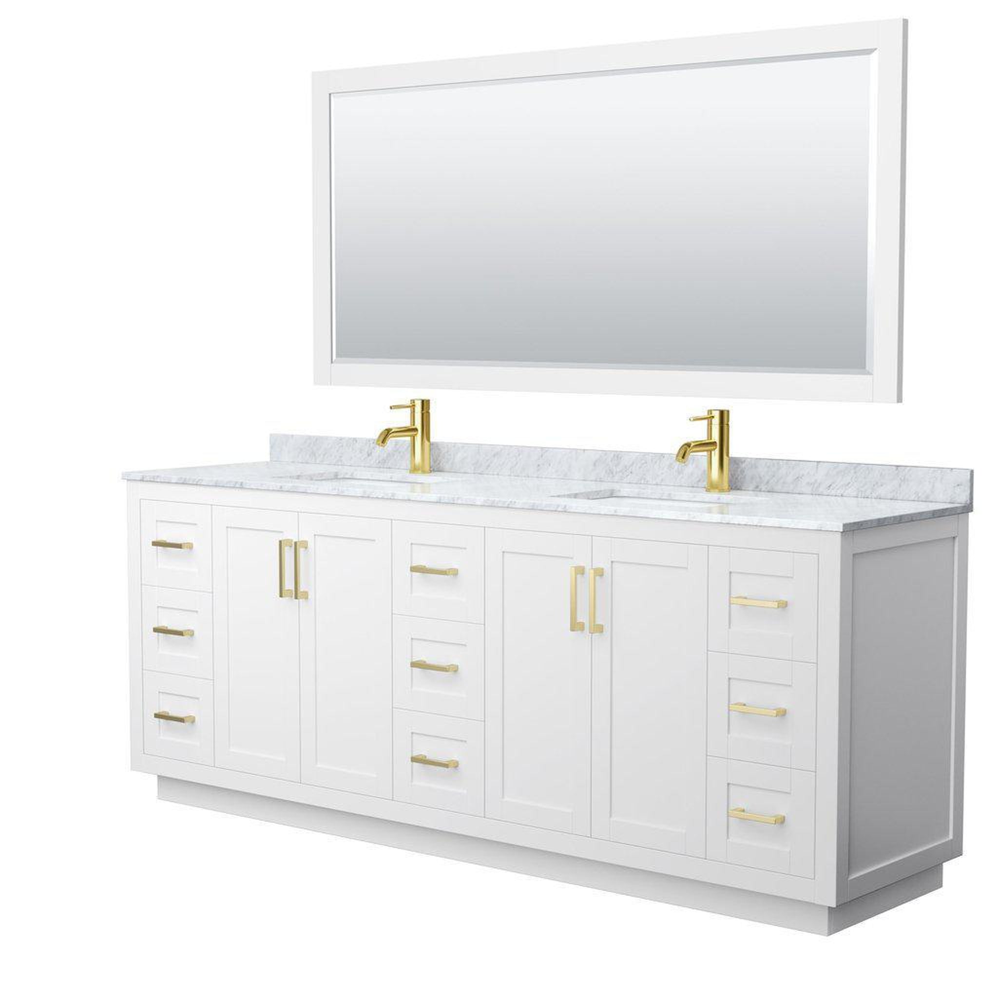 Wyndham Collection, Wyndham Collection Miranda 84" Double Bathroom White Vanity Set With White Carrara Marble Countertop, Undermount Square Sink, 70" Mirror And Brushed Gold Trim