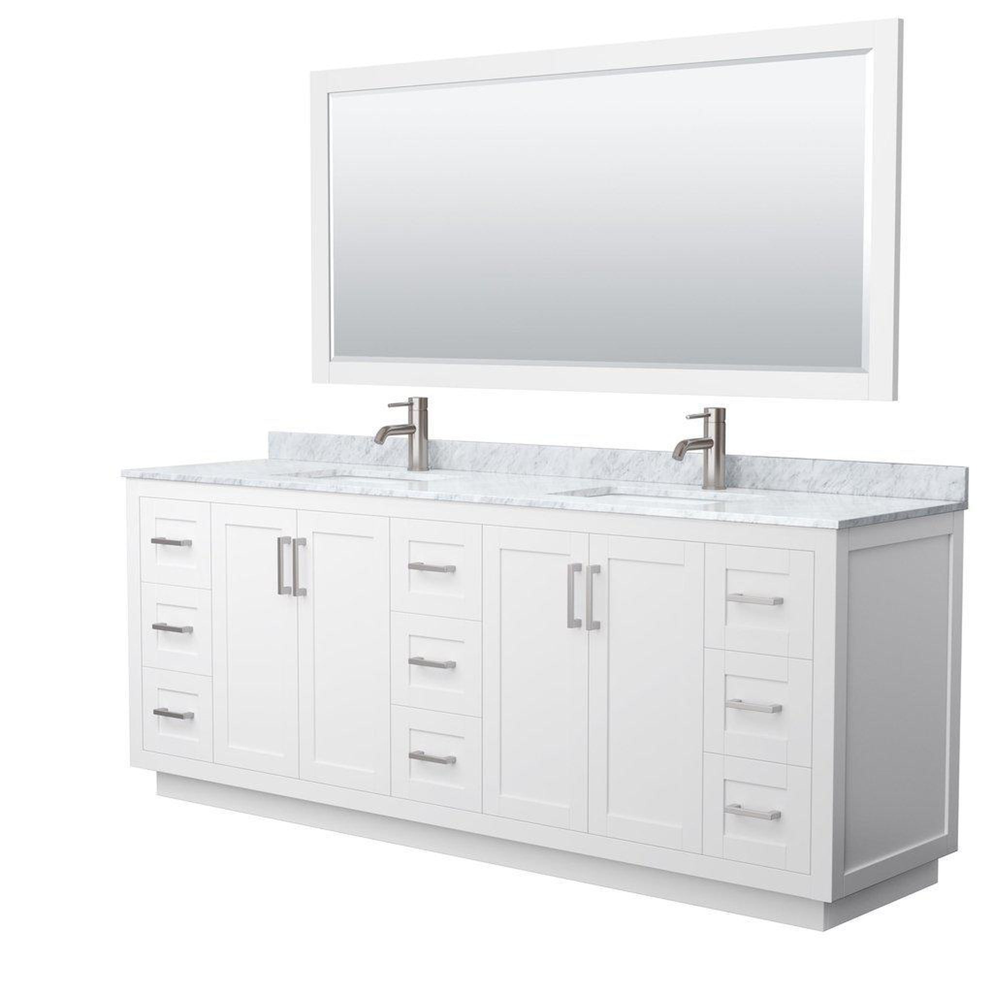 Wyndham Collection, Wyndham Collection Miranda 84" Double Bathroom White Vanity Set With White Carrara Marble Countertop, Undermount Square Sink, 70" Mirror And Brushed Nickel Trim