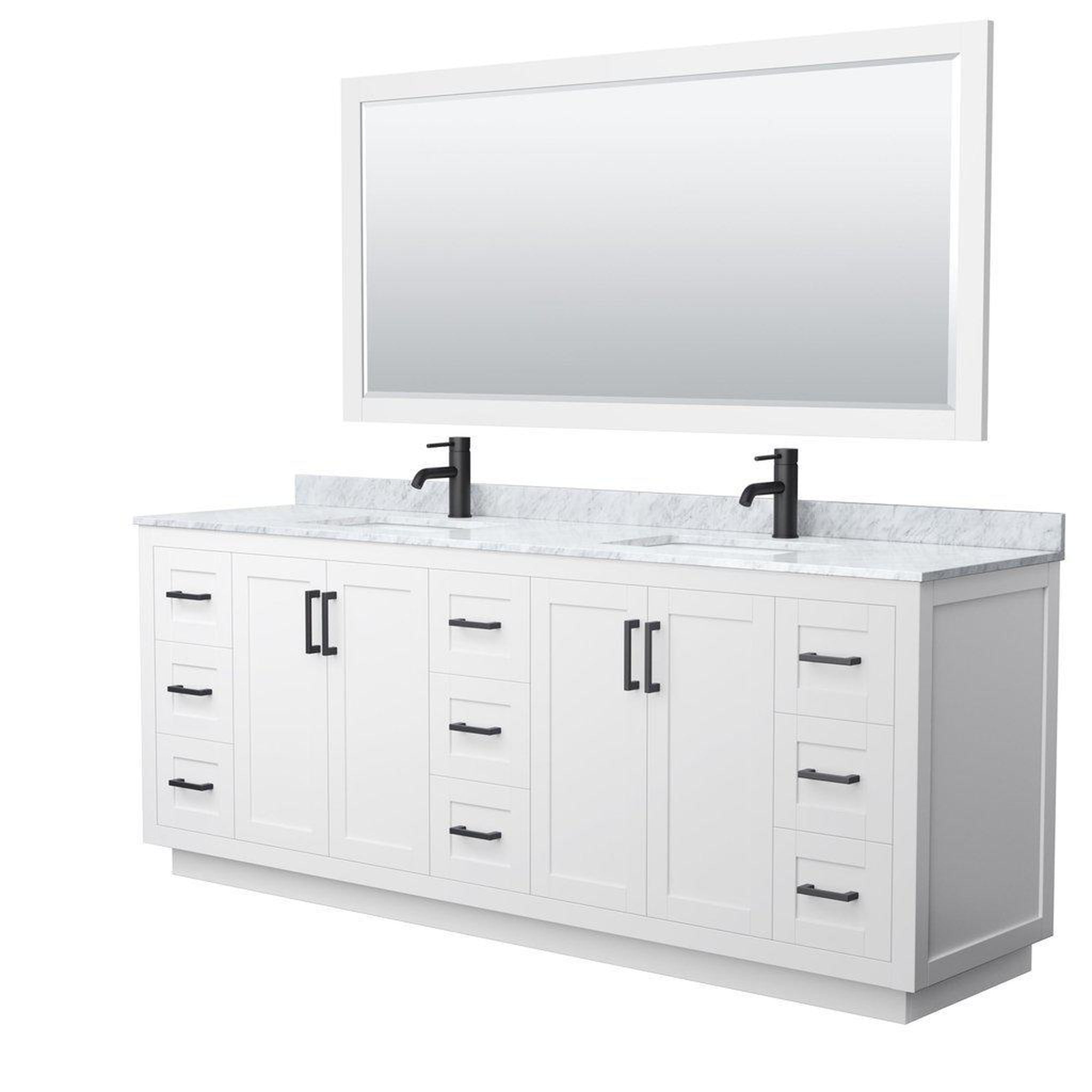 Wyndham Collection, Wyndham Collection Miranda 84" Double Bathroom White Vanity Set With White Carrara Marble Countertop, Undermount Square Sink, 70" Mirror And Matte Black Trim