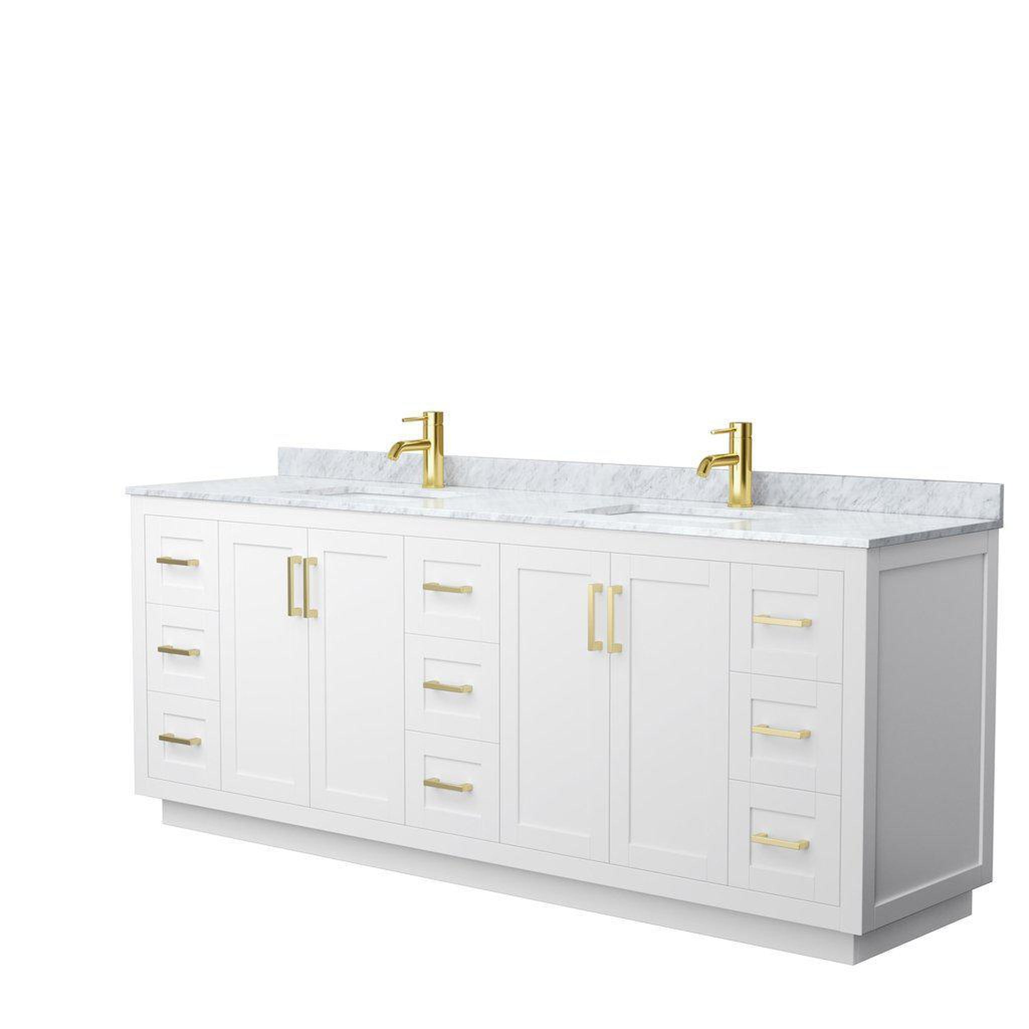 Wyndham Collection, Wyndham Collection Miranda 84" Double Bathroom White Vanity Set With White Carrara Marble Countertop, Undermount Square Sink, And Brushed Gold Trim