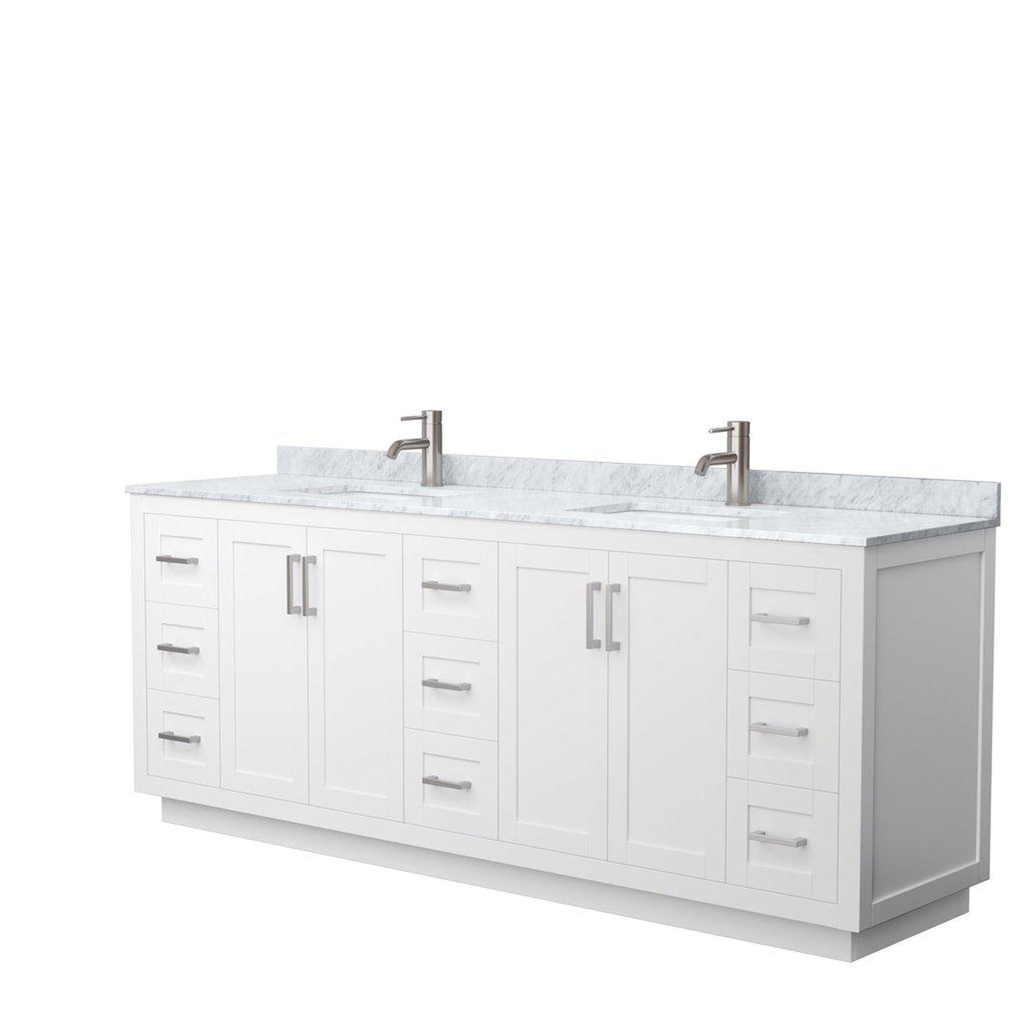 Wyndham Collection, Wyndham Collection Miranda 84" Double Bathroom White Vanity Set With White Carrara Marble Countertop, Undermount Square Sink, And Brushed Nickel Trim