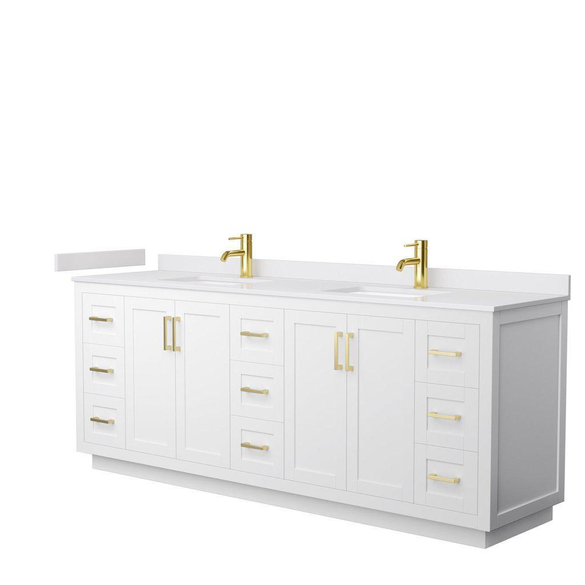 Wyndham Collection, Wyndham Collection Miranda 84" Double Bathroom White Vanity Set With White Cultured Marble Countertop, Undermount Square Sink, And Brushed Gold Trim