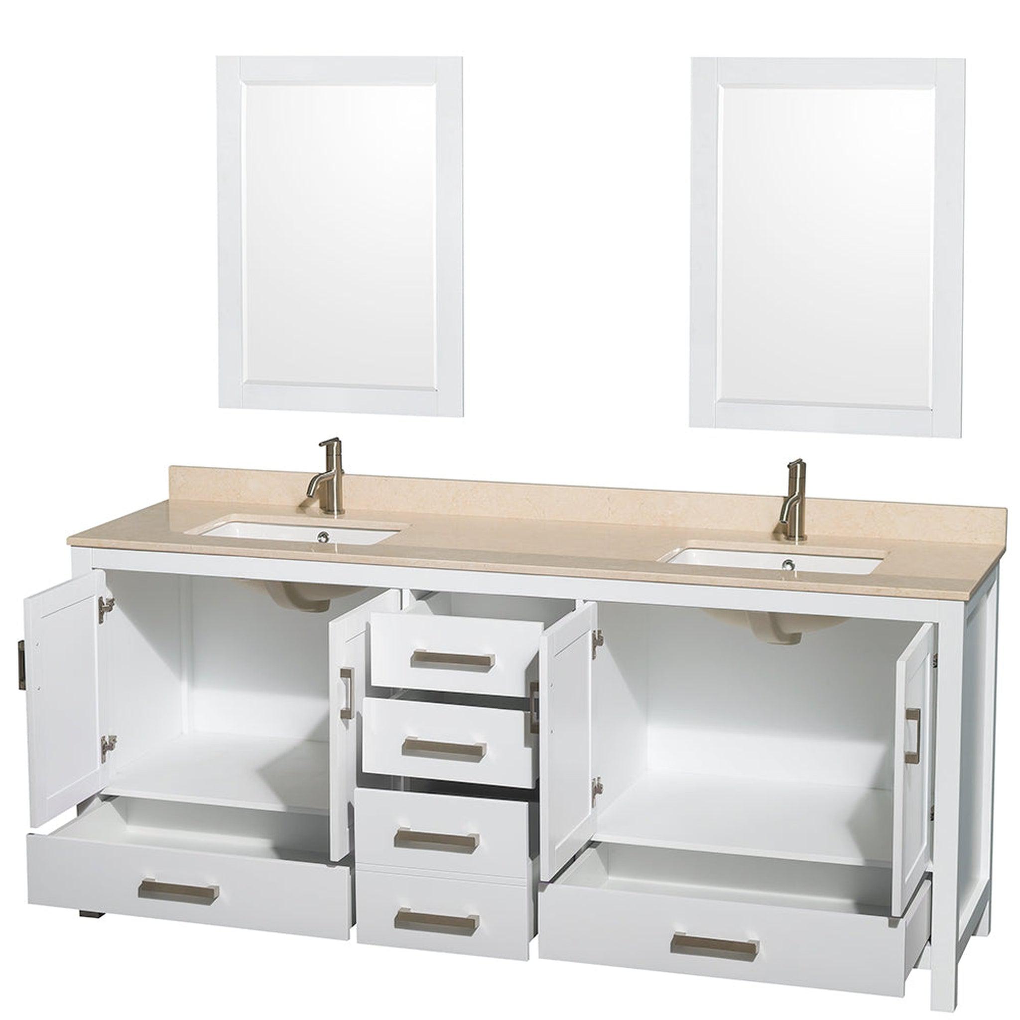 Wyndham Collection, Wyndham Collection Sheffield 80" Double Bathroom Vanity in White, Ivory Marble Countertop, Undermount Square Sinks, and 24" Mirror