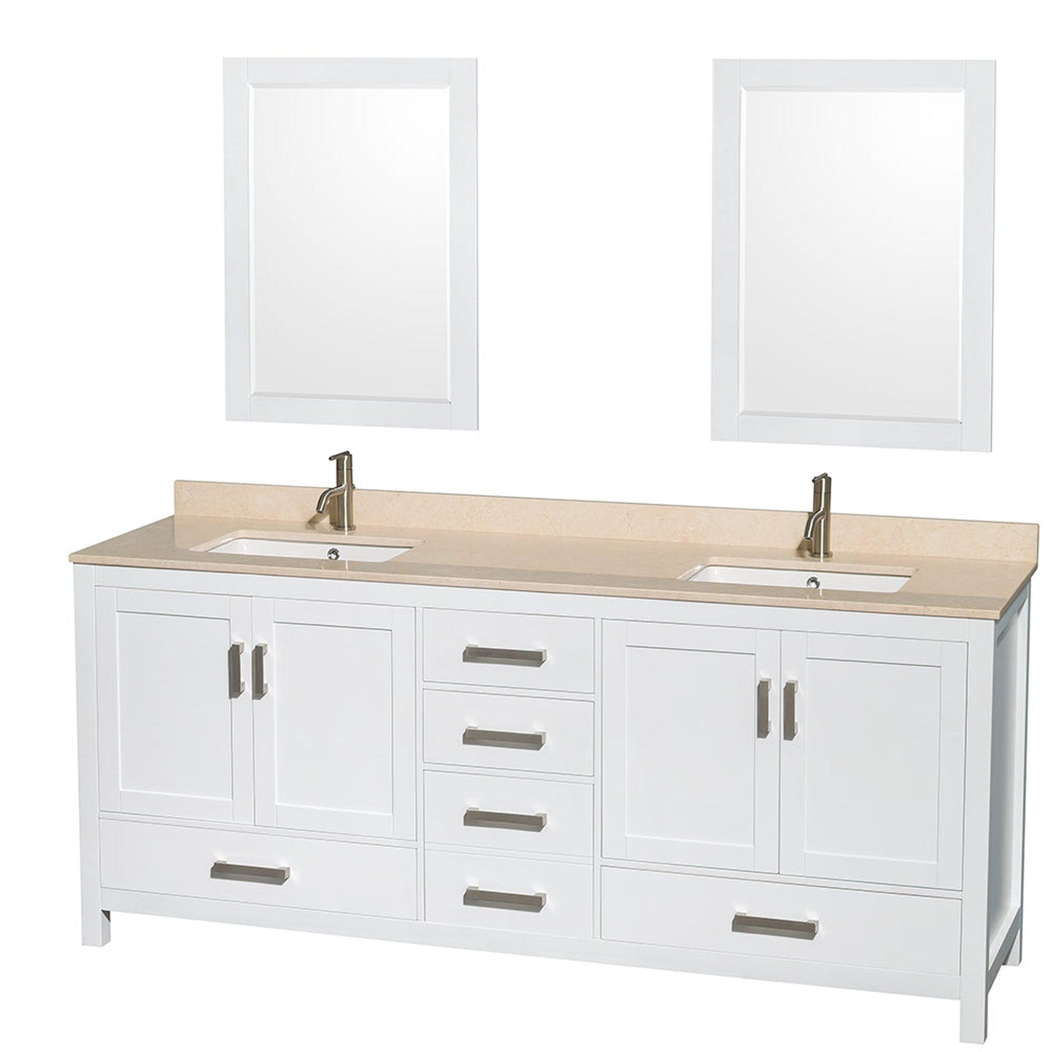 Wyndham Collection, Wyndham Collection Sheffield 80" Double Bathroom Vanity in White, Ivory Marble Countertop, Undermount Square Sinks, and 24" Mirror