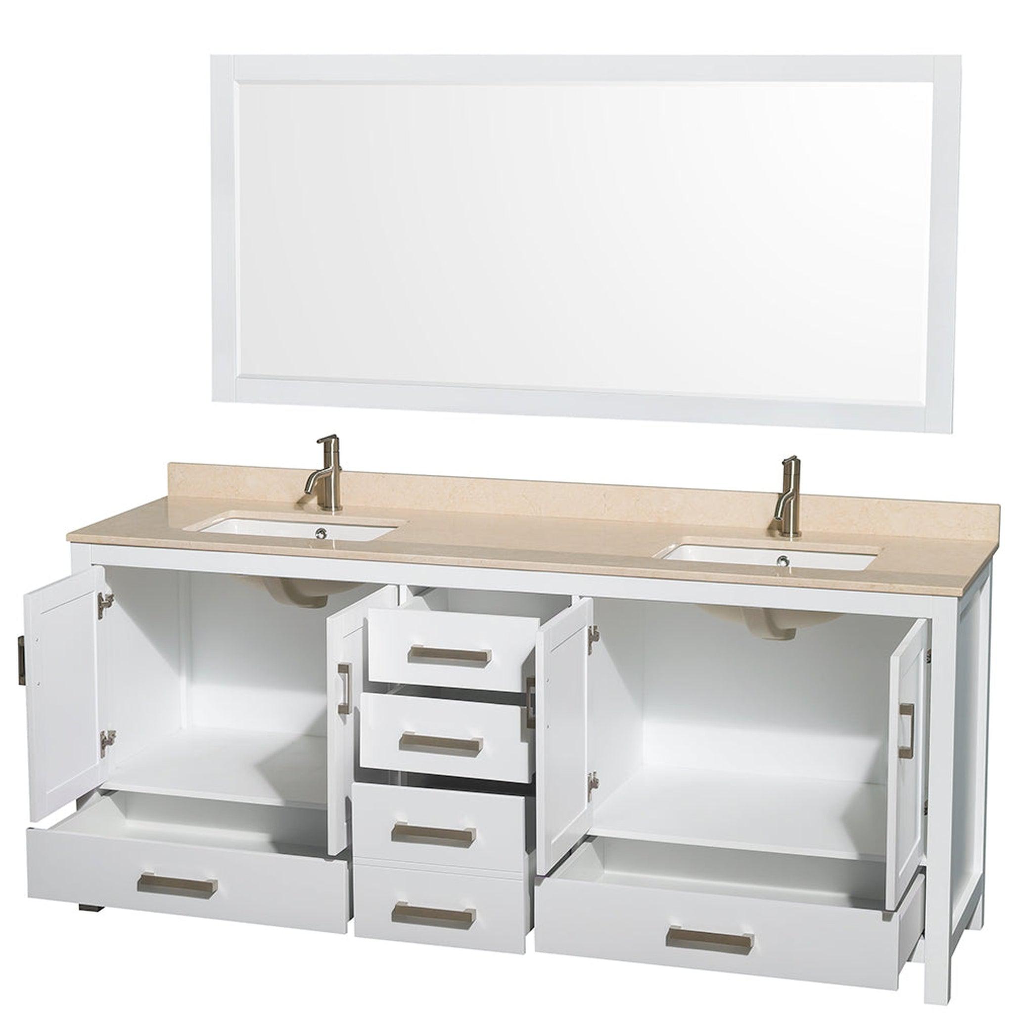 Wyndham Collection, Wyndham Collection Sheffield 80" Double Bathroom Vanity in White, Ivory Marble Countertop, Undermount Square Sinks, and 70" Mirror