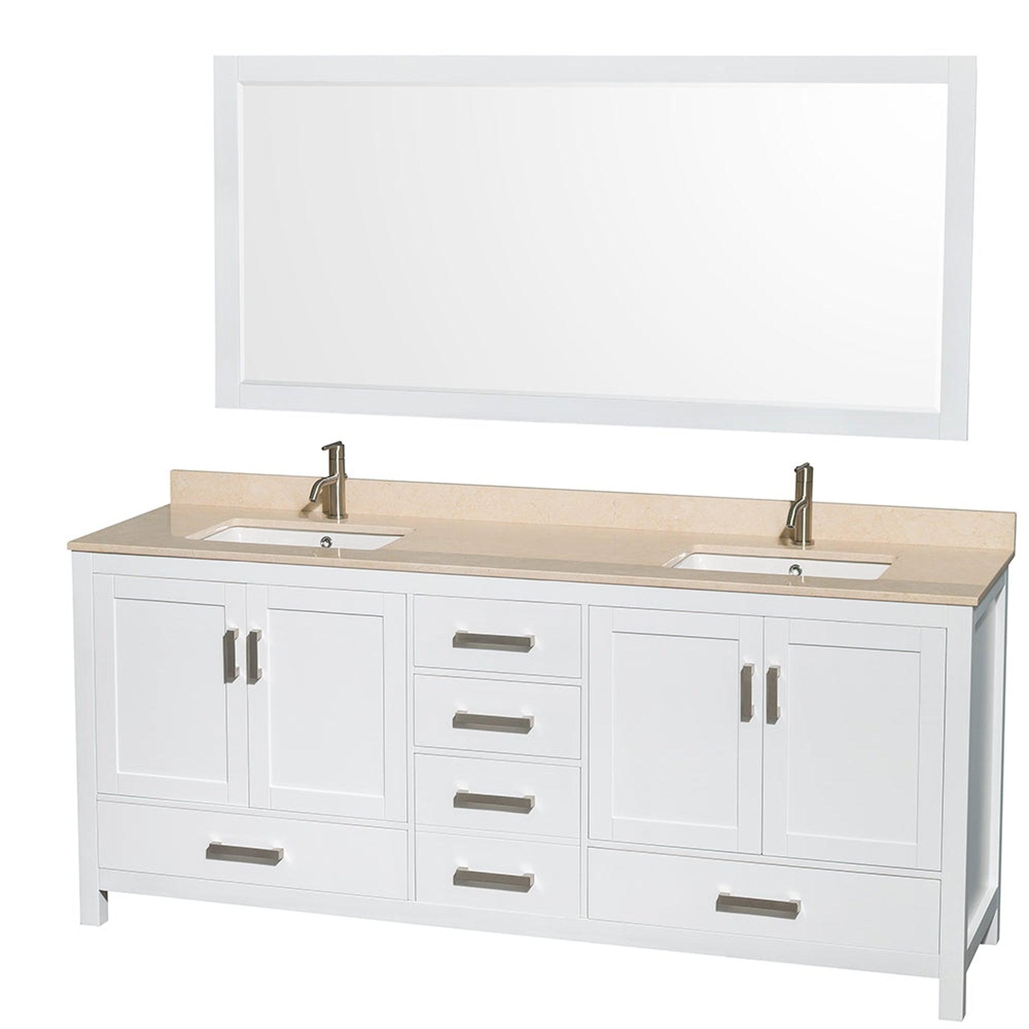 Wyndham Collection, Wyndham Collection Sheffield 80" Double Bathroom Vanity in White, Ivory Marble Countertop, Undermount Square Sinks, and 70" Mirror