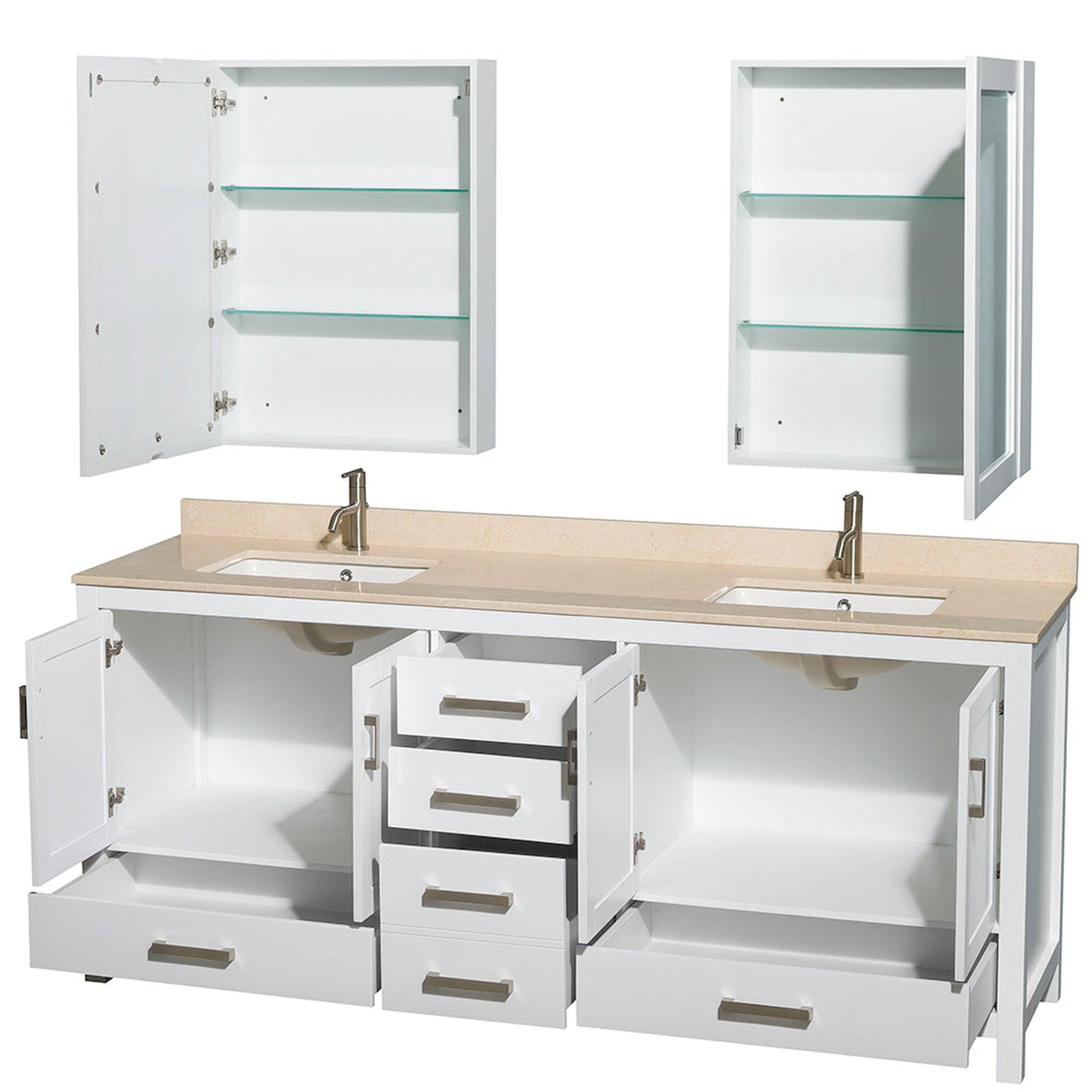 Wyndham Collection, Wyndham Collection Sheffield 80" Double Bathroom Vanity in White, Ivory Marble Countertop, Undermount Square Sinks, and Medicine Cabinet