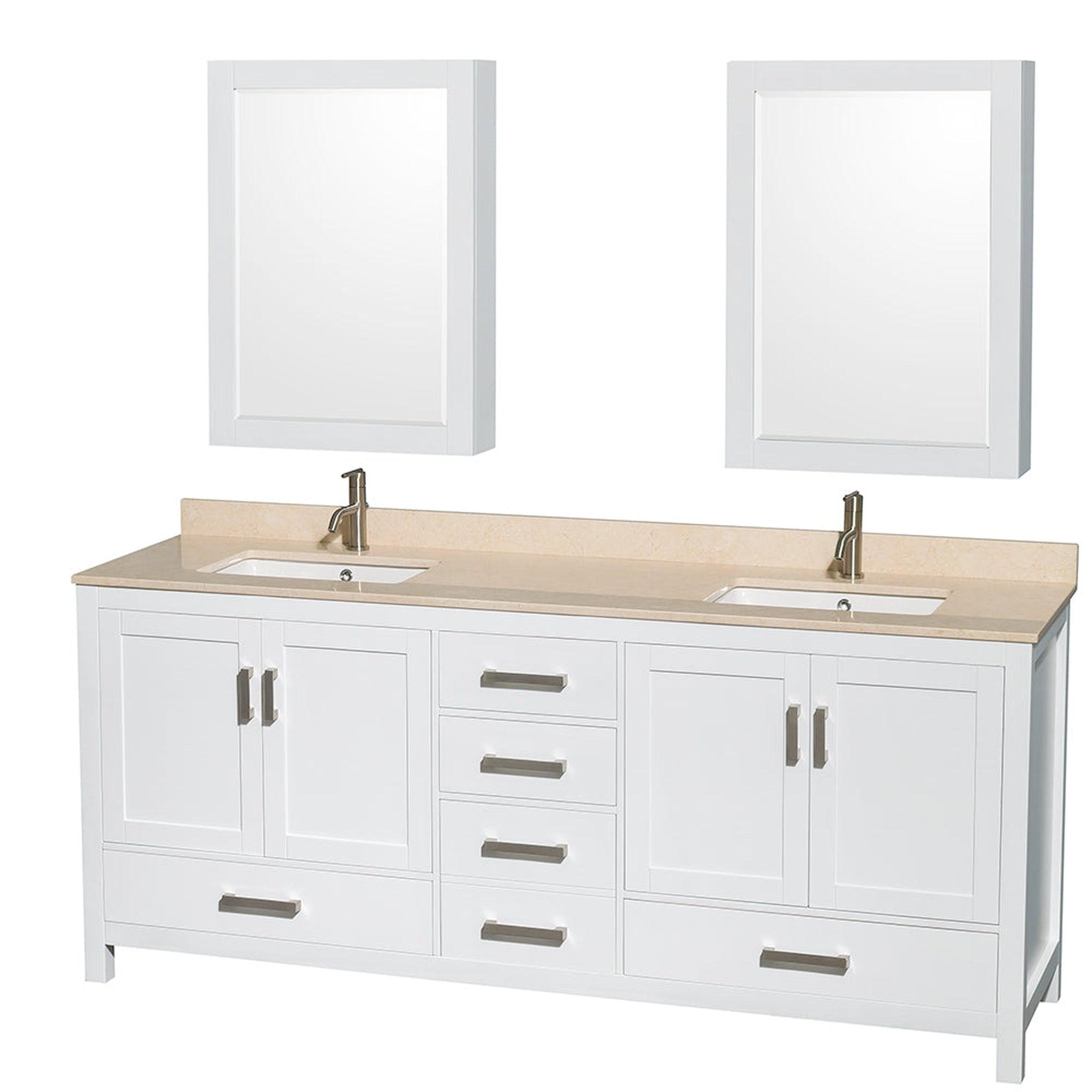 Wyndham Collection, Wyndham Collection Sheffield 80" Double Bathroom Vanity in White, Ivory Marble Countertop, Undermount Square Sinks, and Medicine Cabinet