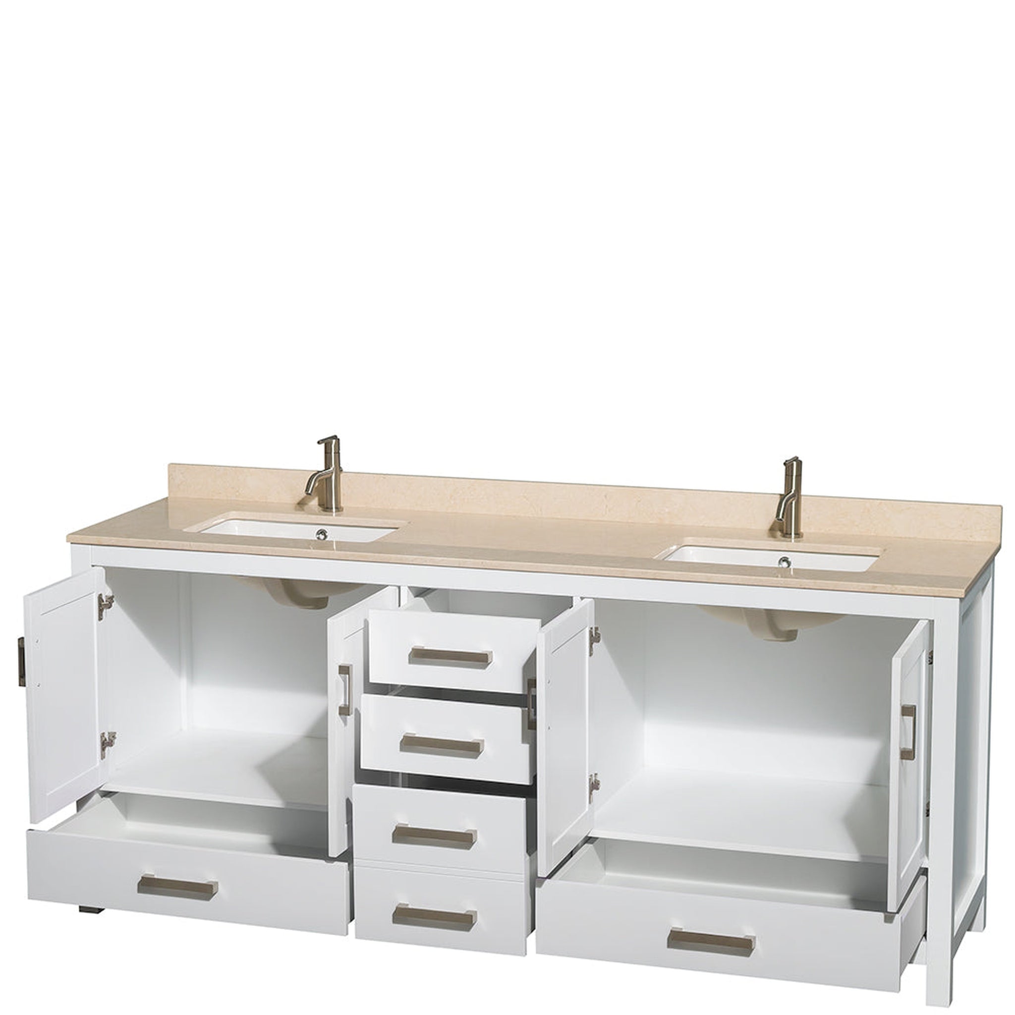 Wyndham Collection, Wyndham Collection Sheffield 80" Double Bathroom Vanity in White, Ivory Marble Countertop, Undermount Square Sinks, and No Mirror