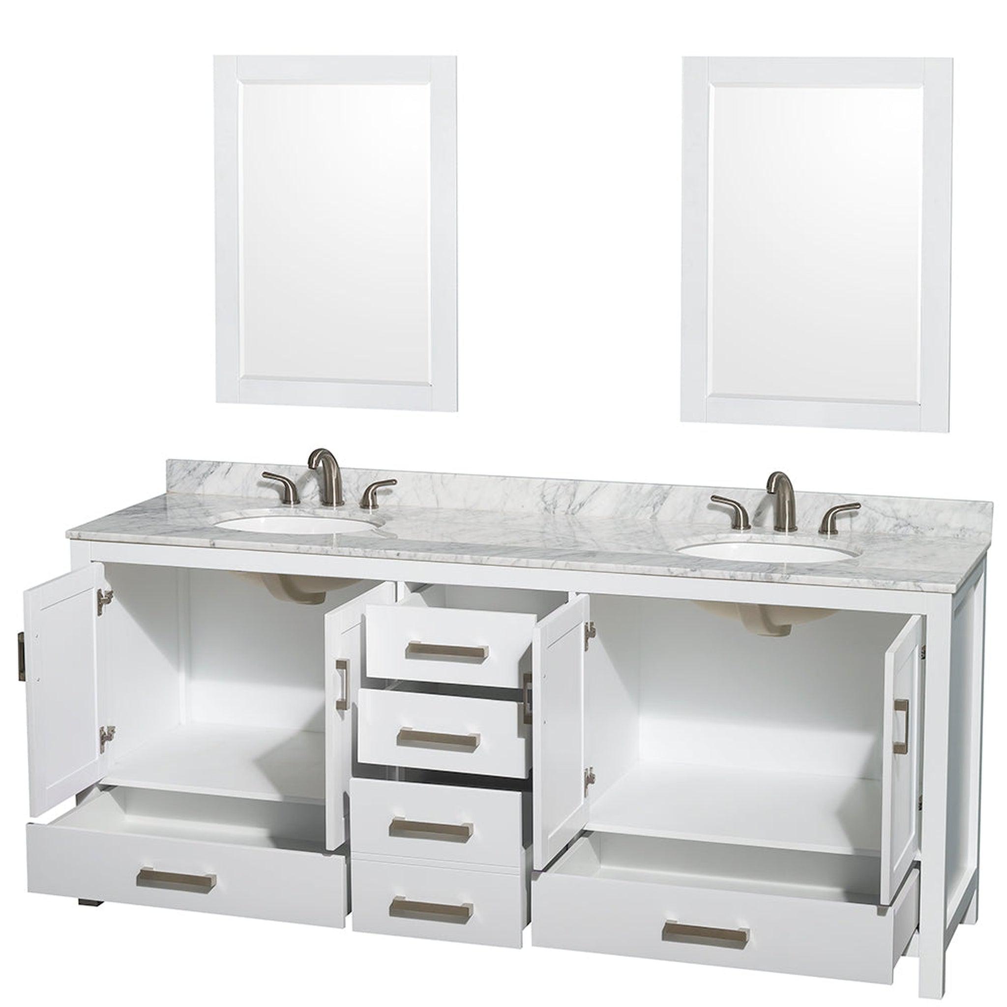 Wyndham Collection, Wyndham Collection Sheffield 80" Double Bathroom Vanity in White, White Carrara Marble Countertop, Undermount Oval Sinks, and 24" Mirror