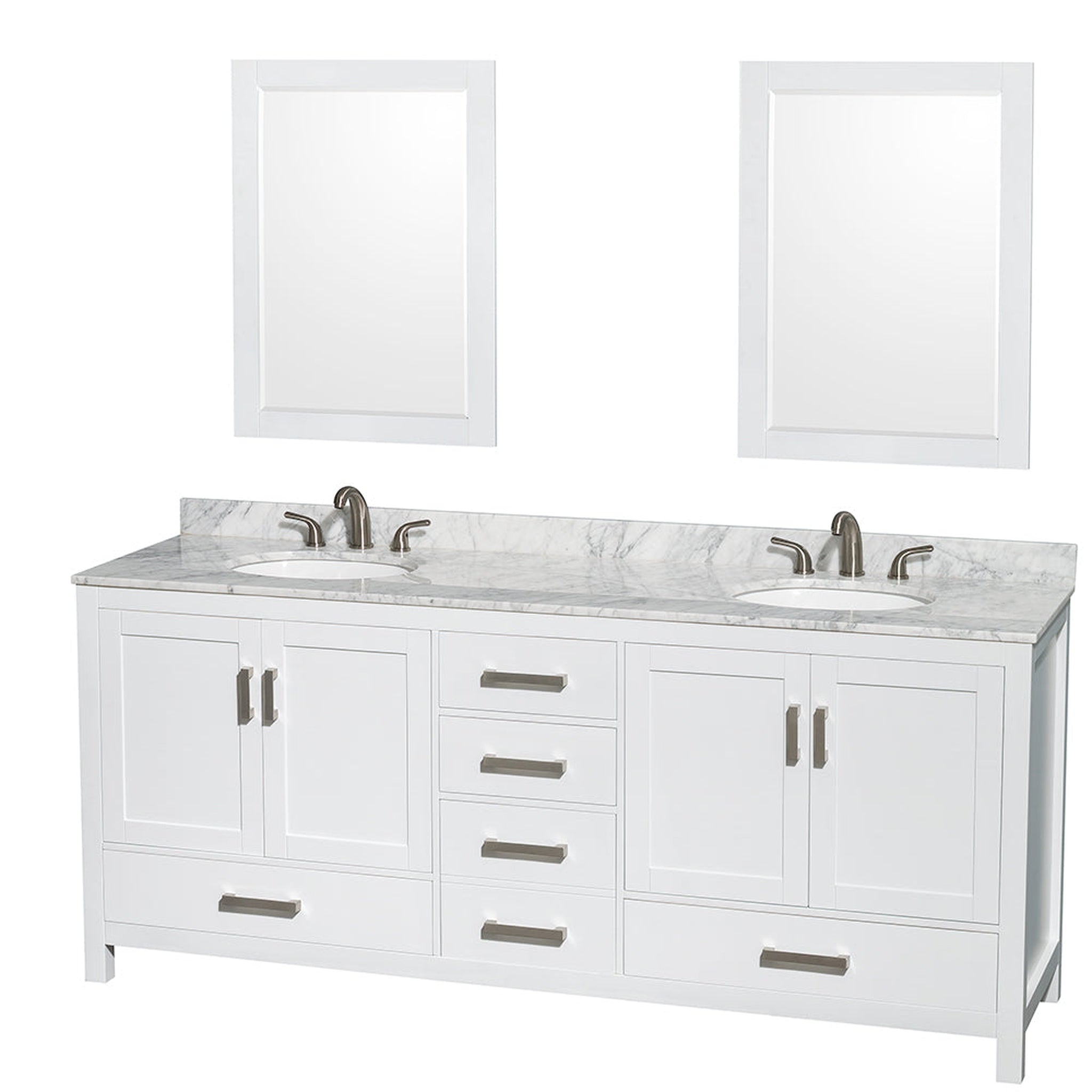 Wyndham Collection, Wyndham Collection Sheffield 80" Double Bathroom Vanity in White, White Carrara Marble Countertop, Undermount Oval Sinks, and 24" Mirror