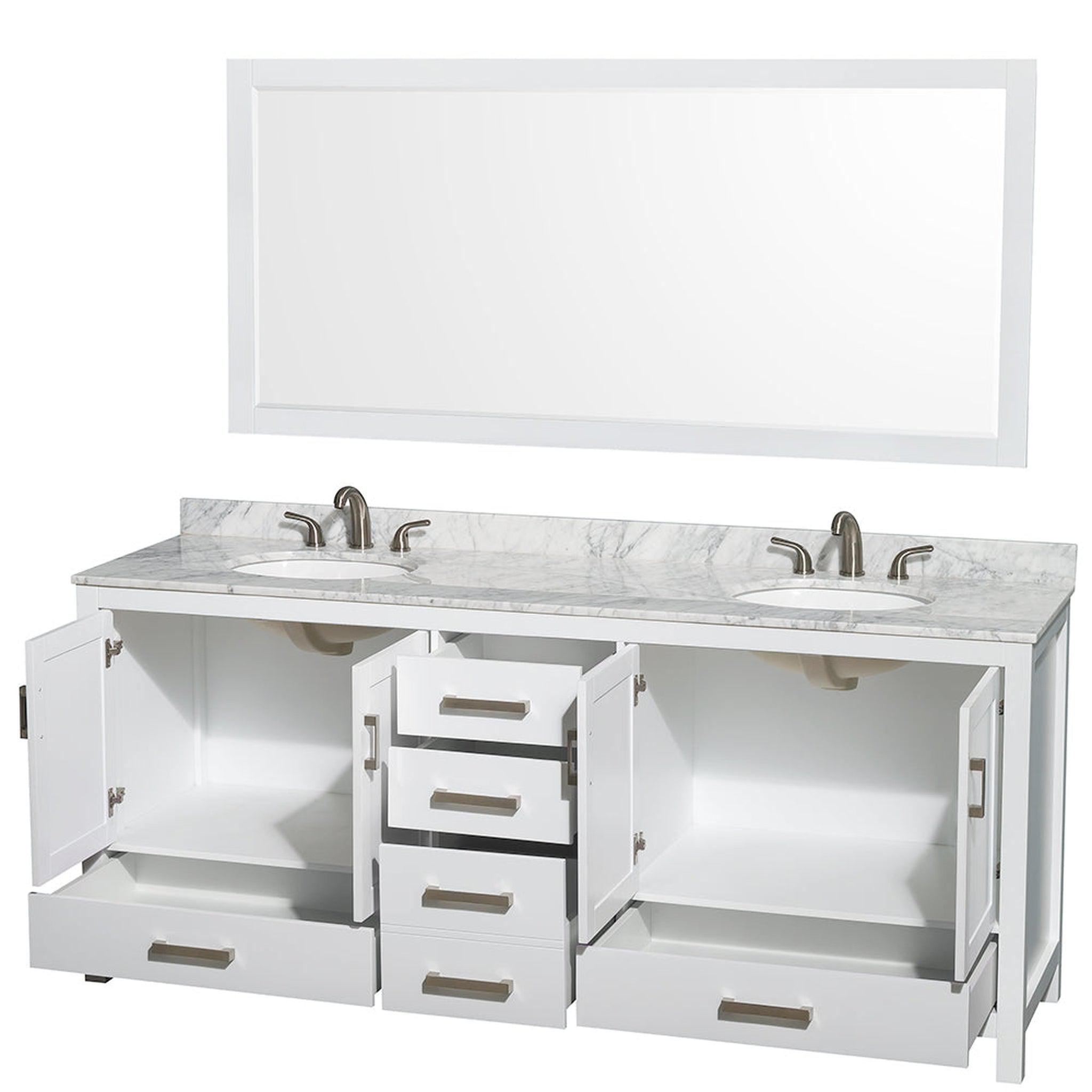 Wyndham Collection, Wyndham Collection Sheffield 80" Double Bathroom Vanity in White, White Carrara Marble Countertop, Undermount Oval Sinks, and 70" Mirror