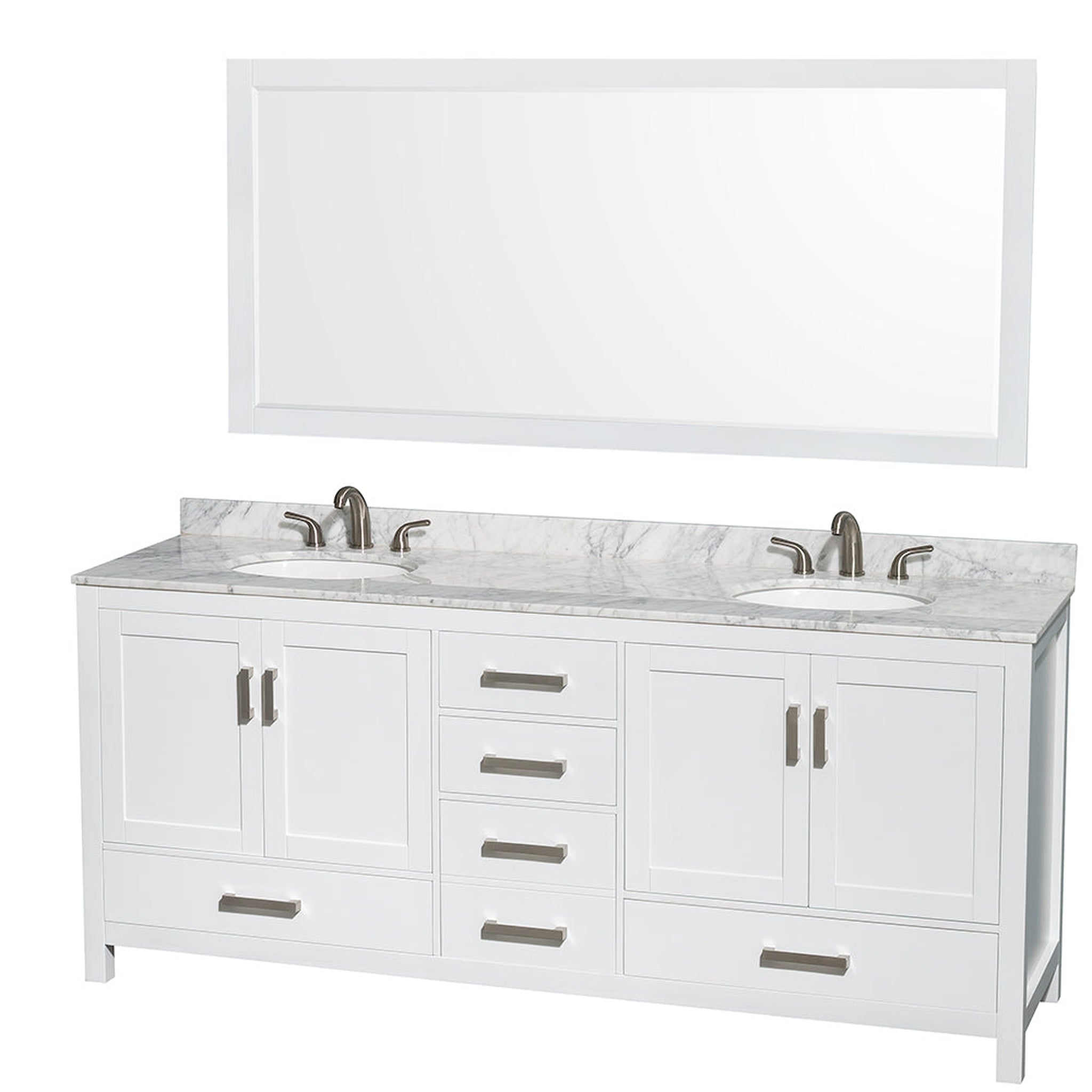 Wyndham Collection, Wyndham Collection Sheffield 80" Double Bathroom Vanity in White, White Carrara Marble Countertop, Undermount Oval Sinks, and 70" Mirror