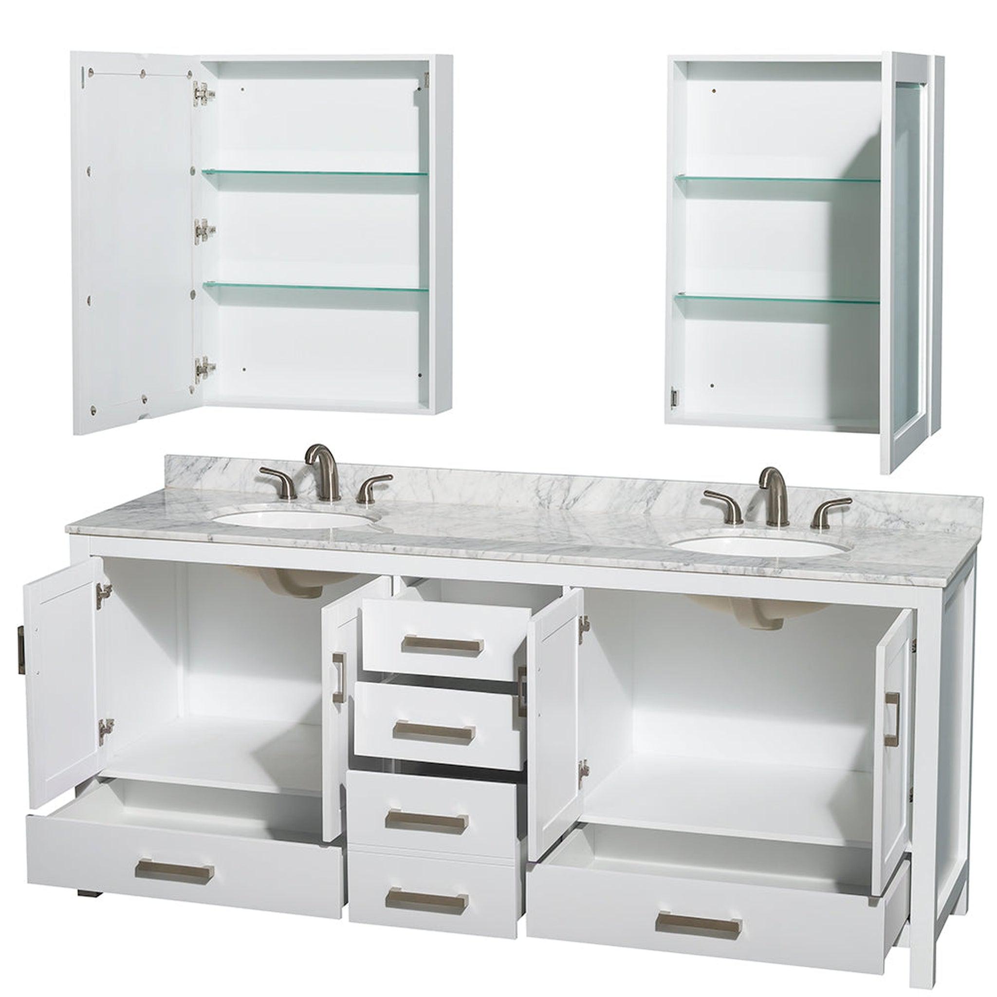 Wyndham Collection, Wyndham Collection Sheffield 80" Double Bathroom Vanity in White, White Carrara Marble Countertop, Undermount Oval Sinks, and Medicine Cabinet