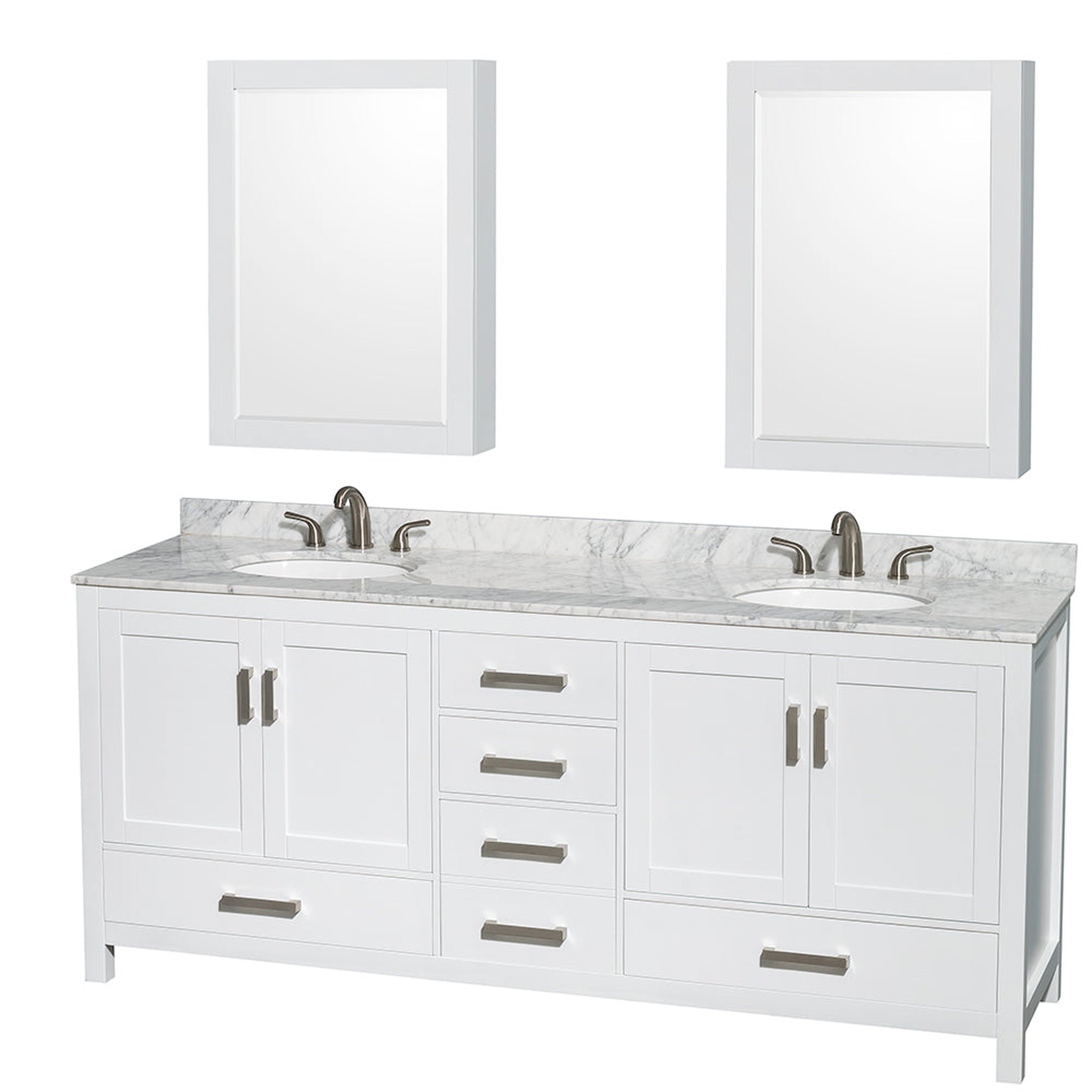 Wyndham Collection, Wyndham Collection Sheffield 80" Double Bathroom Vanity in White, White Carrara Marble Countertop, Undermount Oval Sinks, and Medicine Cabinet