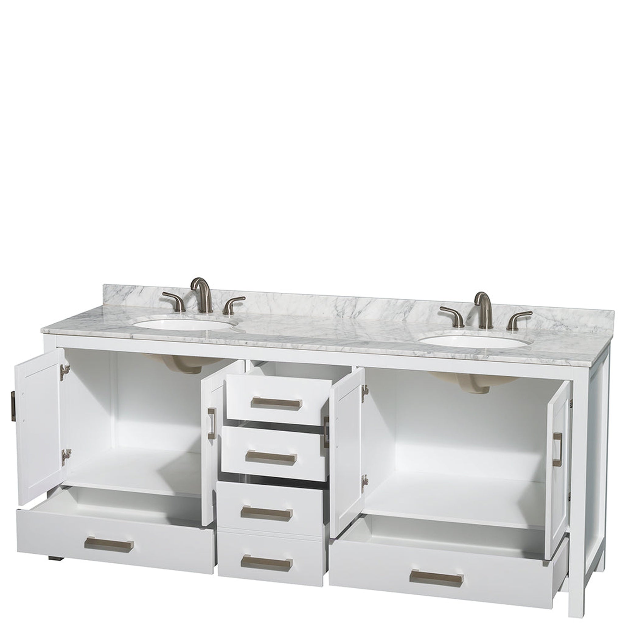 Wyndham Collection, Wyndham Collection Sheffield 80" Double Bathroom Vanity in White, White Carrara Marble Countertop, Undermount Oval Sinks, and No Mirror