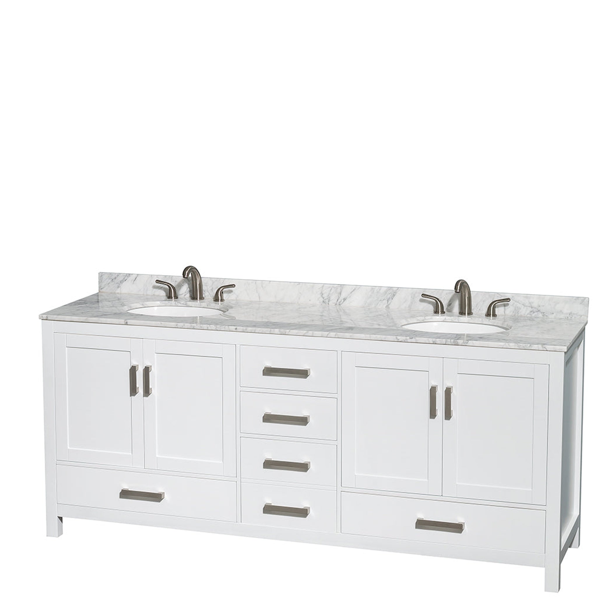 Wyndham Collection, Wyndham Collection Sheffield 80" Double Bathroom Vanity in White, White Carrara Marble Countertop, Undermount Oval Sinks, and No Mirror