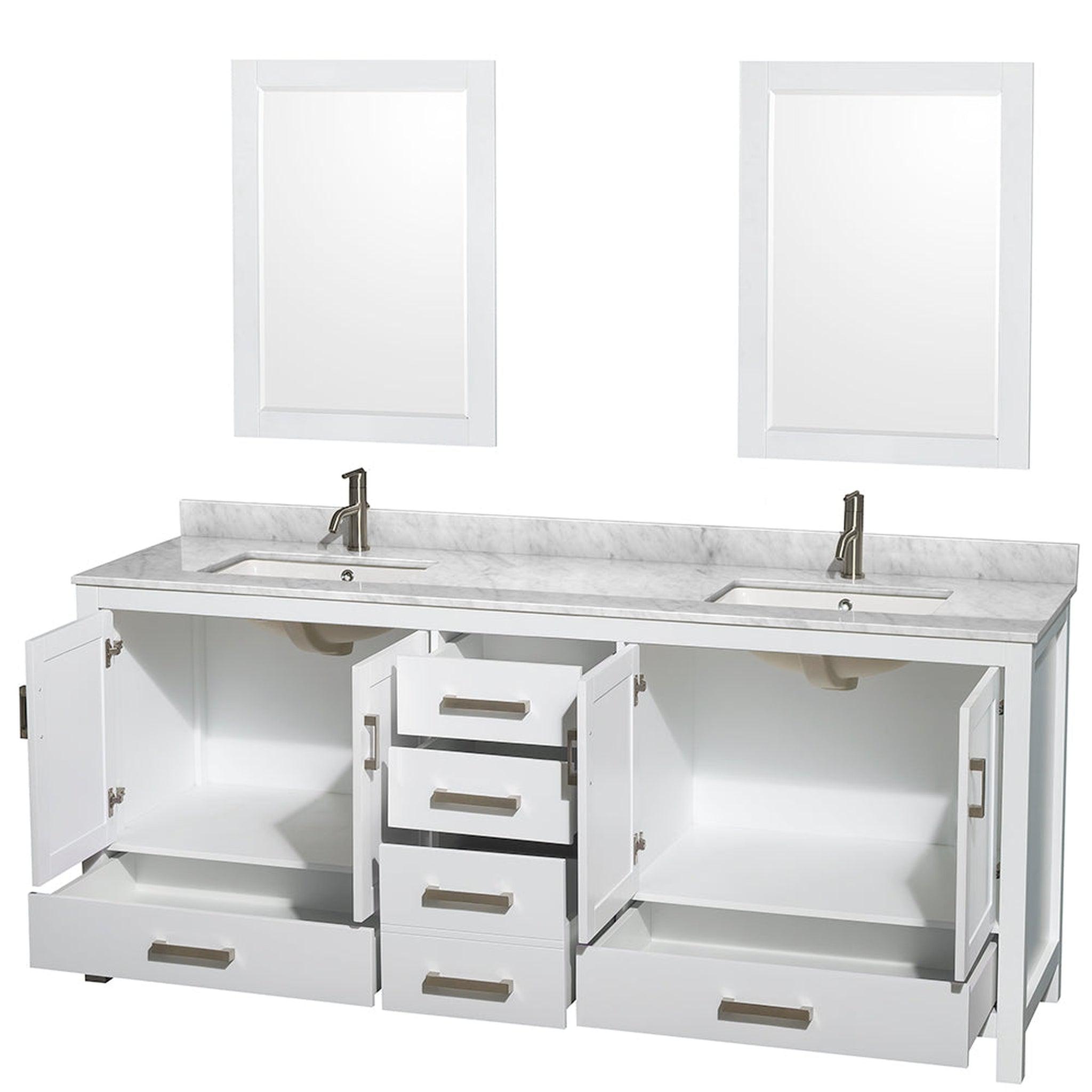 Wyndham Collection, Wyndham Collection Sheffield 80" Double Bathroom Vanity in White, White Carrara Marble Countertop, Undermount Square Sinks, and 24" Mirror