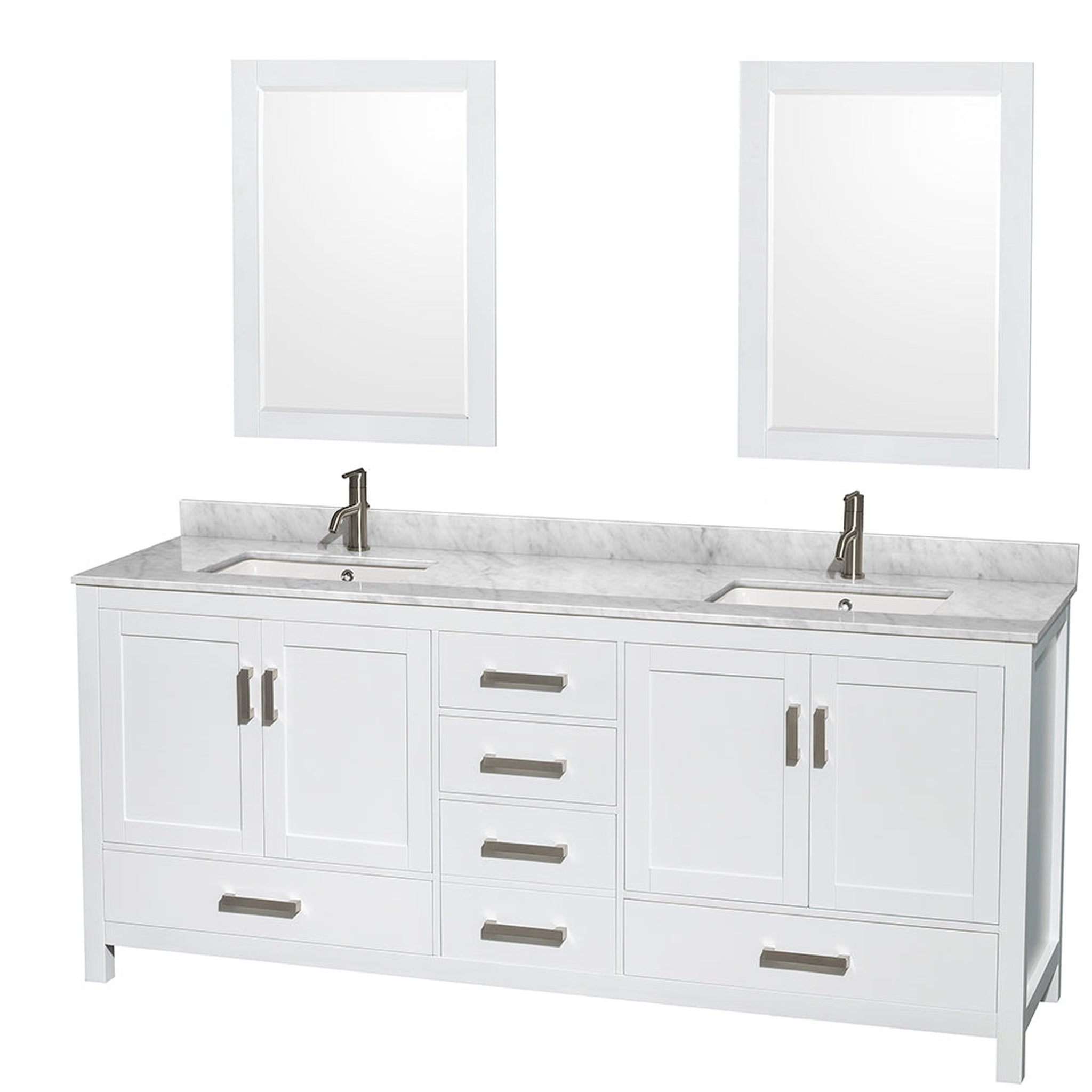 Wyndham Collection, Wyndham Collection Sheffield 80" Double Bathroom Vanity in White, White Carrara Marble Countertop, Undermount Square Sinks, and 24" Mirror