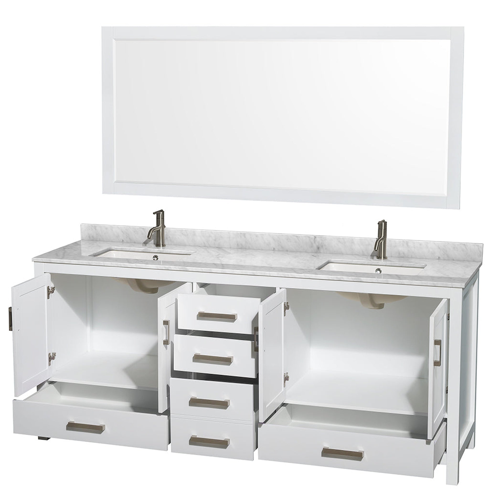 Wyndham Collection, Wyndham Collection Sheffield 80" Double Bathroom Vanity in White, White Carrara Marble Countertop, Undermount Square Sinks, and 70" Mirror