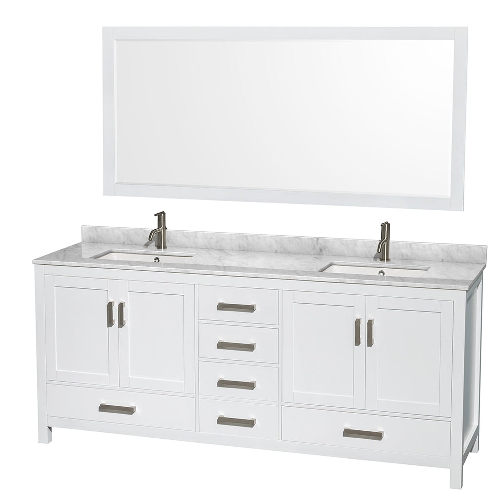 Wyndham Collection, Wyndham Collection Sheffield 80" Double Bathroom Vanity in White, White Carrara Marble Countertop, Undermount Square Sinks, and 70" Mirror