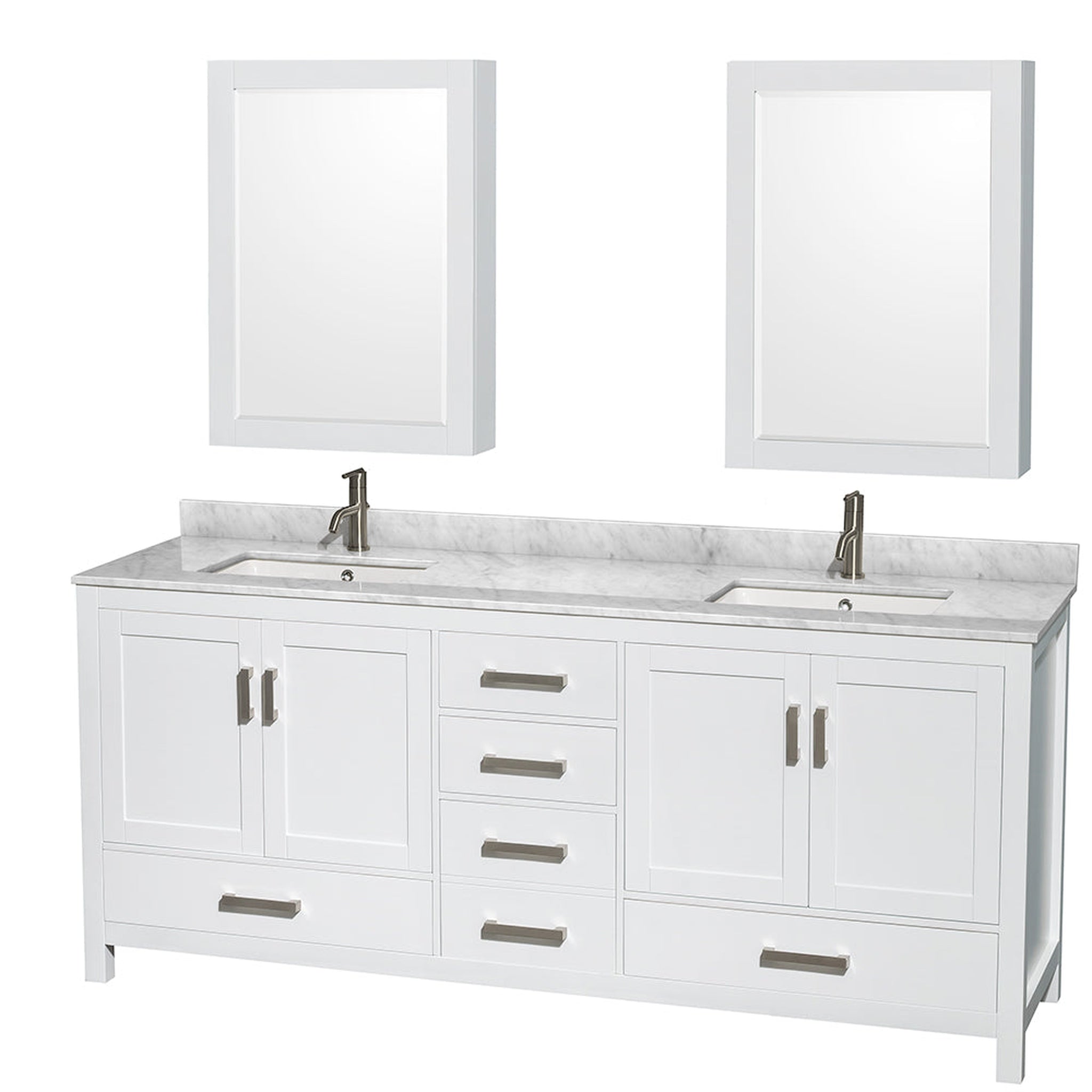 Wyndham Collection, Wyndham Collection Sheffield 80" Double Bathroom Vanity in White, White Carrara Marble Countertop, Undermount Square Sinks, and Medicine Cabinet