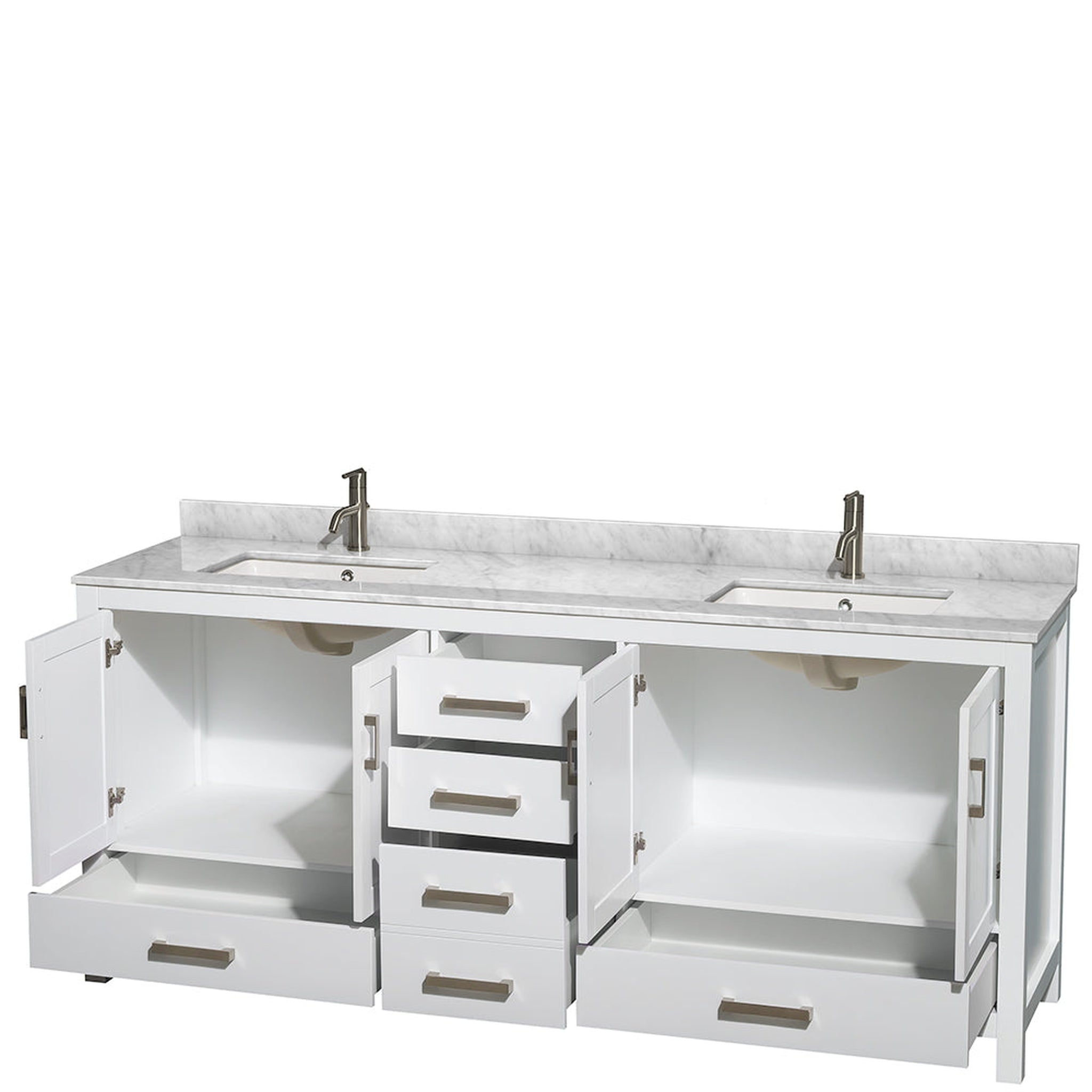 Wyndham Collection, Wyndham Collection Sheffield 80" Double Bathroom Vanity in White, White Carrara Marble Countertop, Undermount Square Sinks, and No Mirror