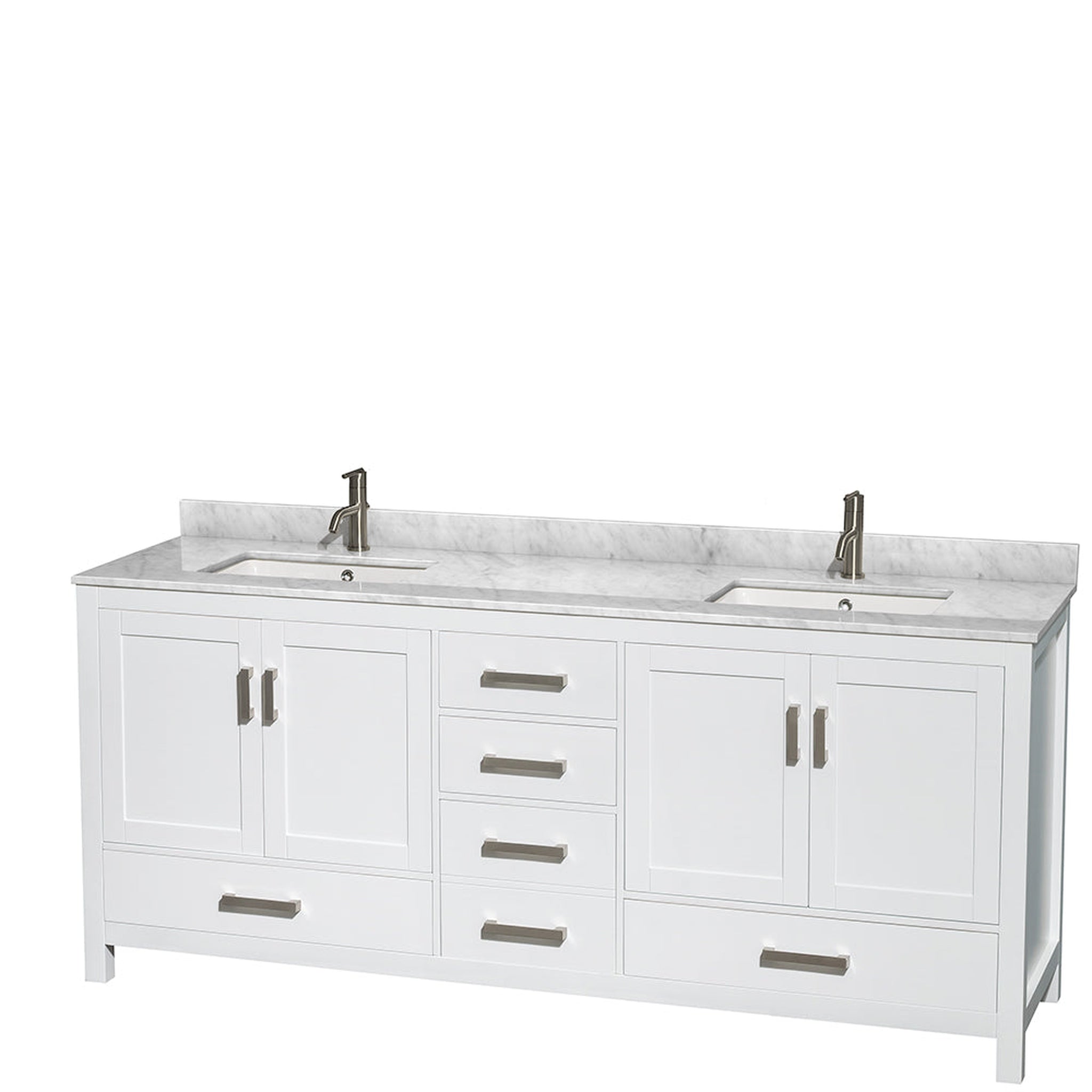 Wyndham Collection, Wyndham Collection Sheffield 80" Double Bathroom Vanity in White, White Carrara Marble Countertop, Undermount Square Sinks, and No Mirror