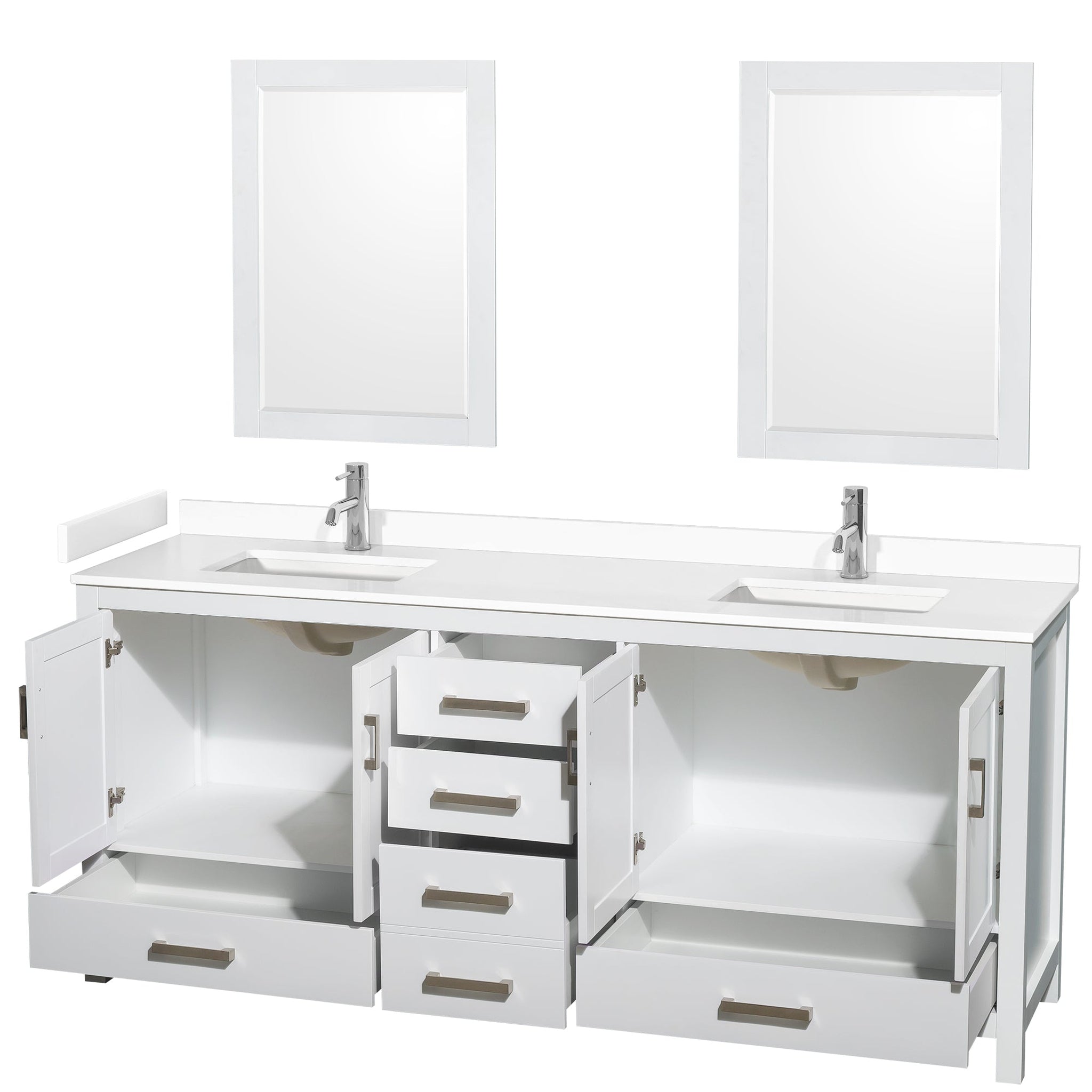 Wyndham Collection, Wyndham Collection Sheffield 80" Double Bathroom Vanity in White, White Cultured Marble Countertop, Undermount Square Sinks, 24" Mirror