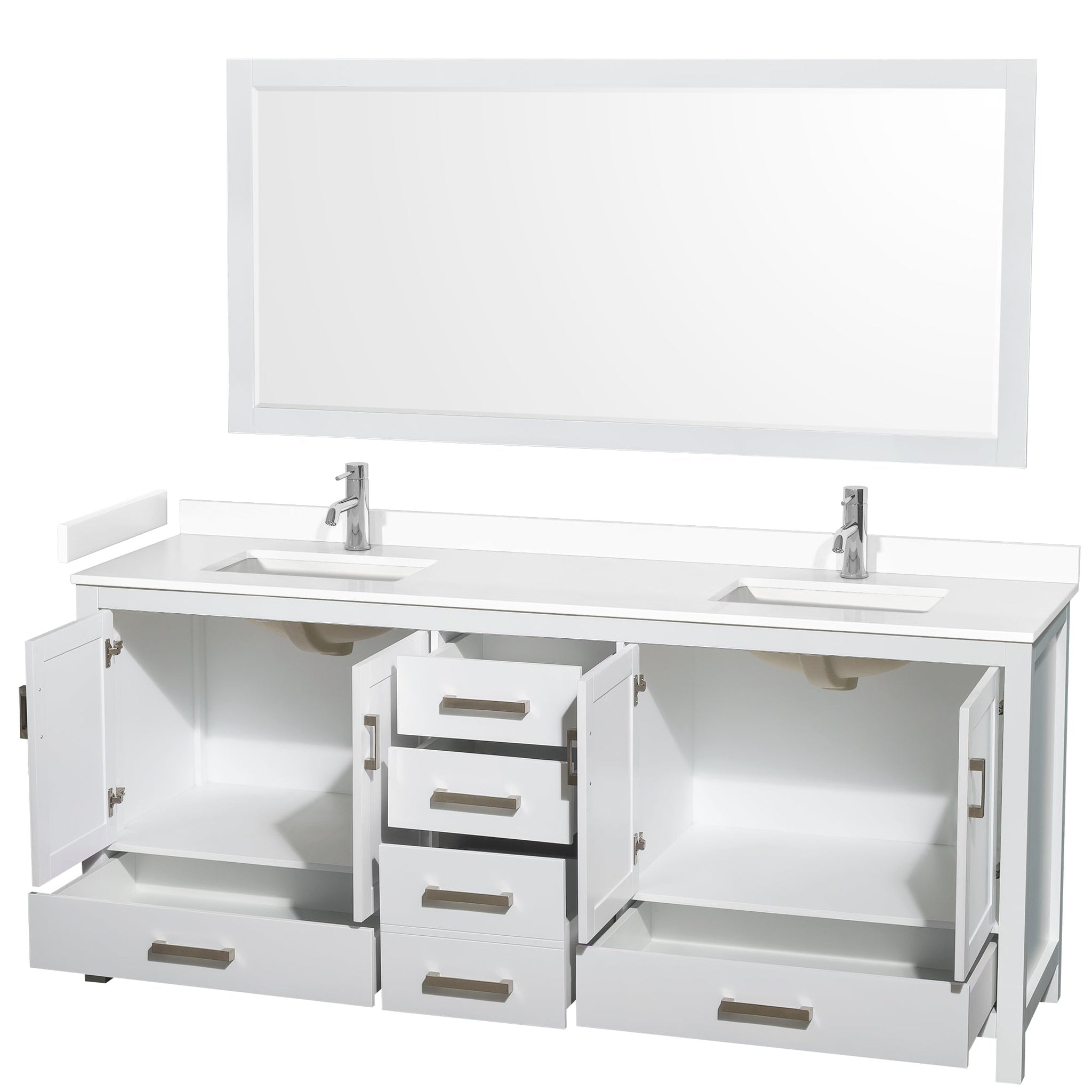 Wyndham Collection, Wyndham Collection Sheffield 80" Double Bathroom Vanity in White, White Cultured Marble Countertop, Undermount Square Sinks, 70" Mirror