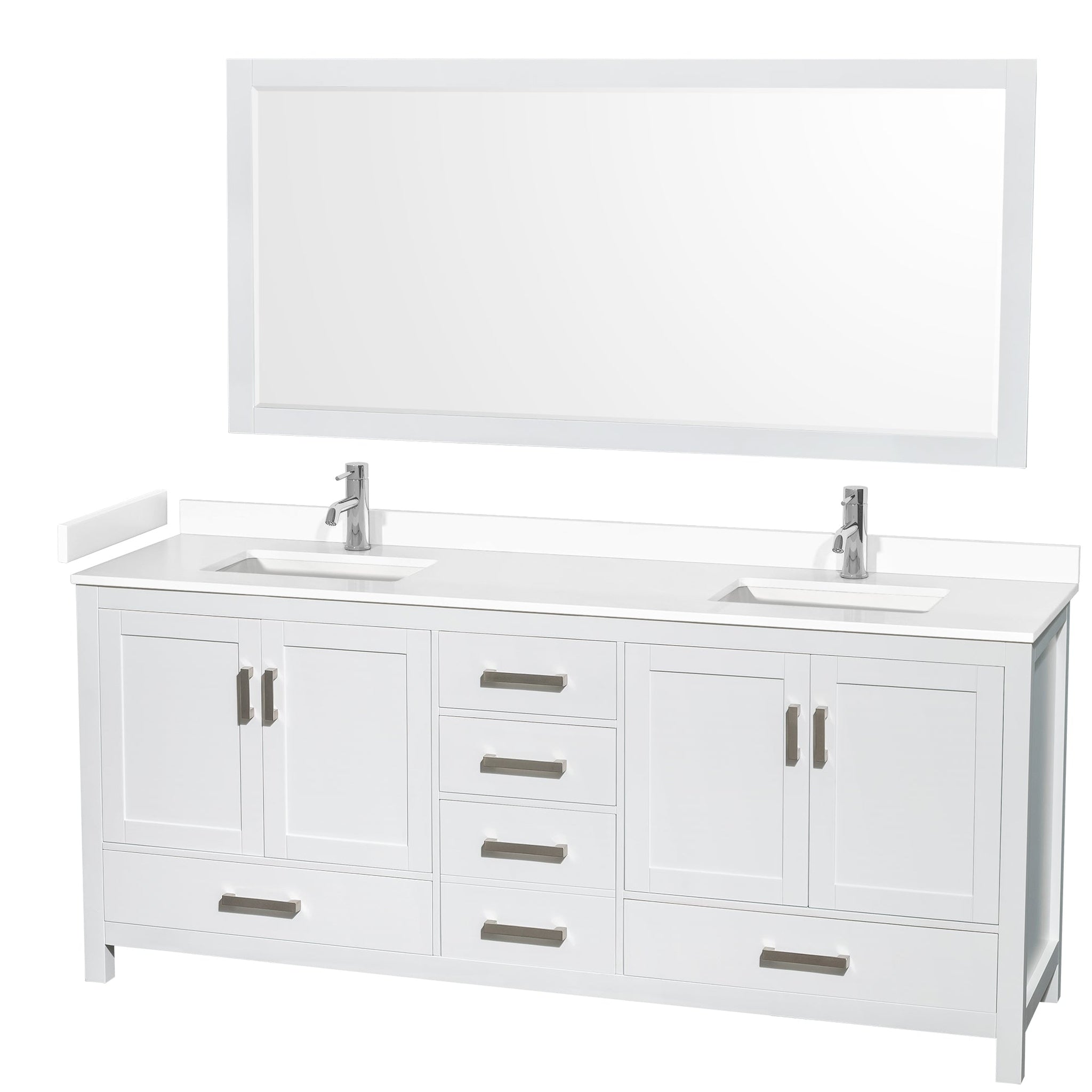 Wyndham Collection, Wyndham Collection Sheffield 80" Double Bathroom Vanity in White, White Cultured Marble Countertop, Undermount Square Sinks, 70" Mirror