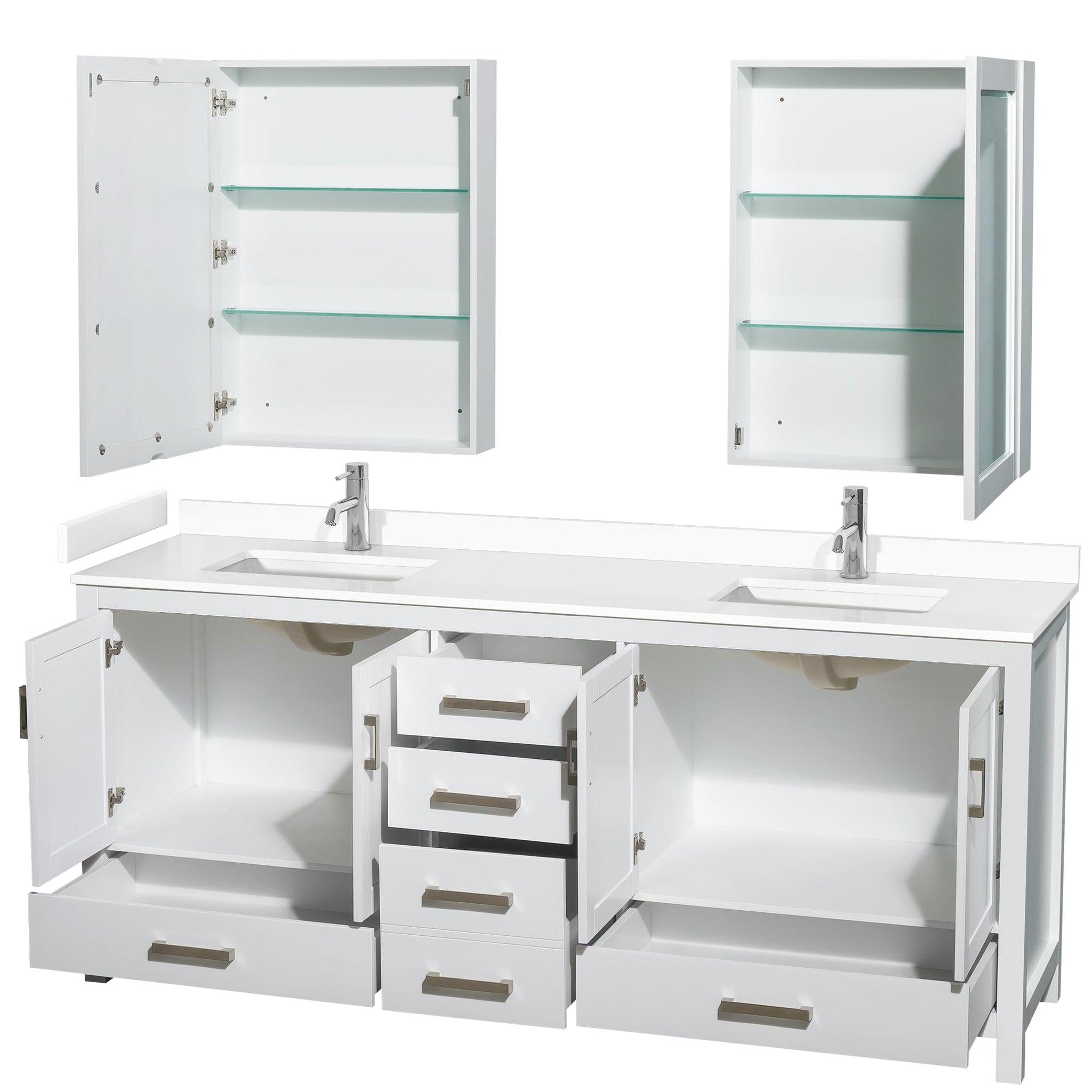 Wyndham Collection, Wyndham Collection Sheffield 80" Double Bathroom Vanity in White, White Cultured Marble Countertop, Undermount Square Sinks, Medicine Cabinet