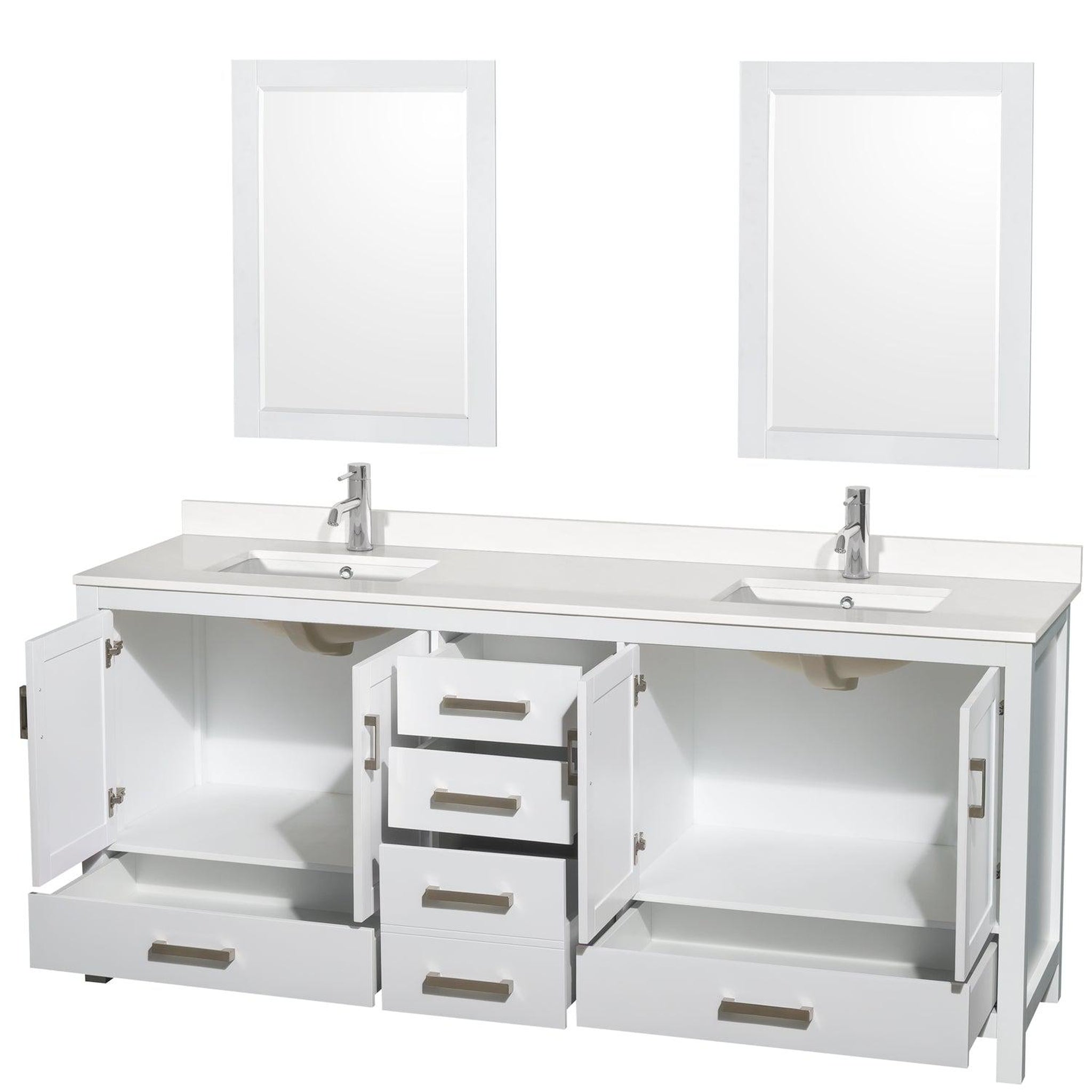 Wyndham Collection, Wyndham Collection Sheffield 80" Double Bathroom Vanity in White, White Quartz Countertop, Undermount Square Sinks, 24" Mirror