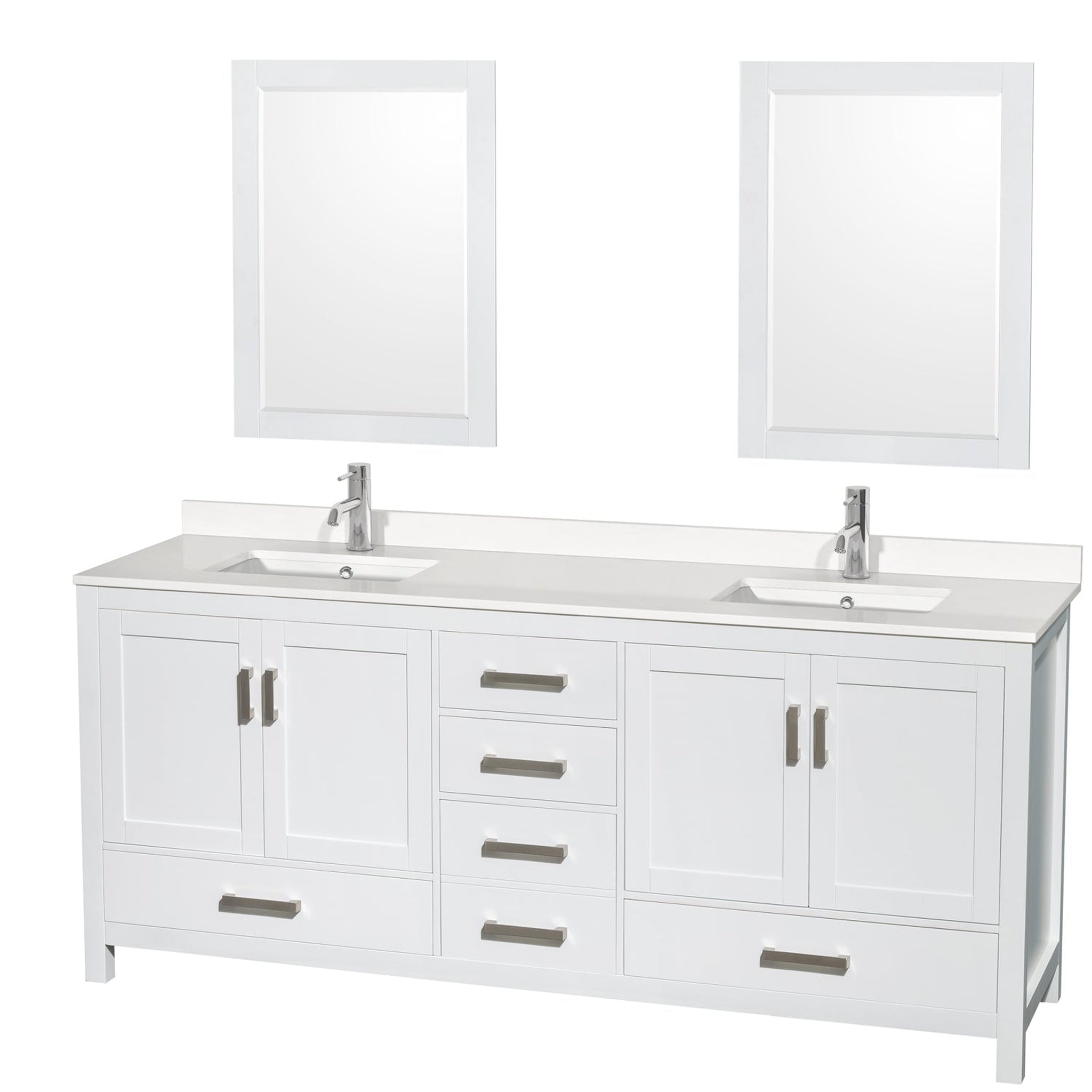 Wyndham Collection, Wyndham Collection Sheffield 80" Double Bathroom Vanity in White, White Quartz Countertop, Undermount Square Sinks, 24" Mirror