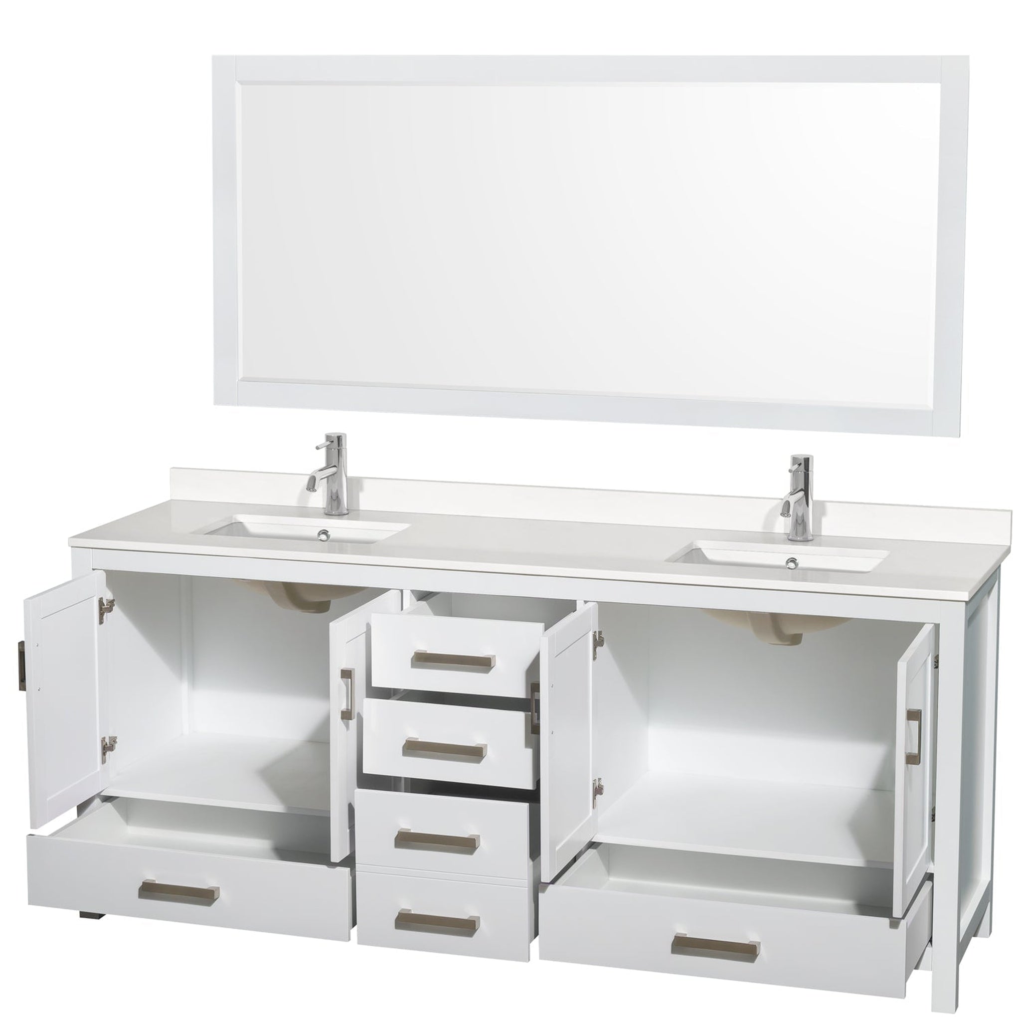 Wyndham Collection, Wyndham Collection Sheffield 80" Double Bathroom Vanity in White, White Quartz Countertop, Undermount Square Sinks, 70" Mirror