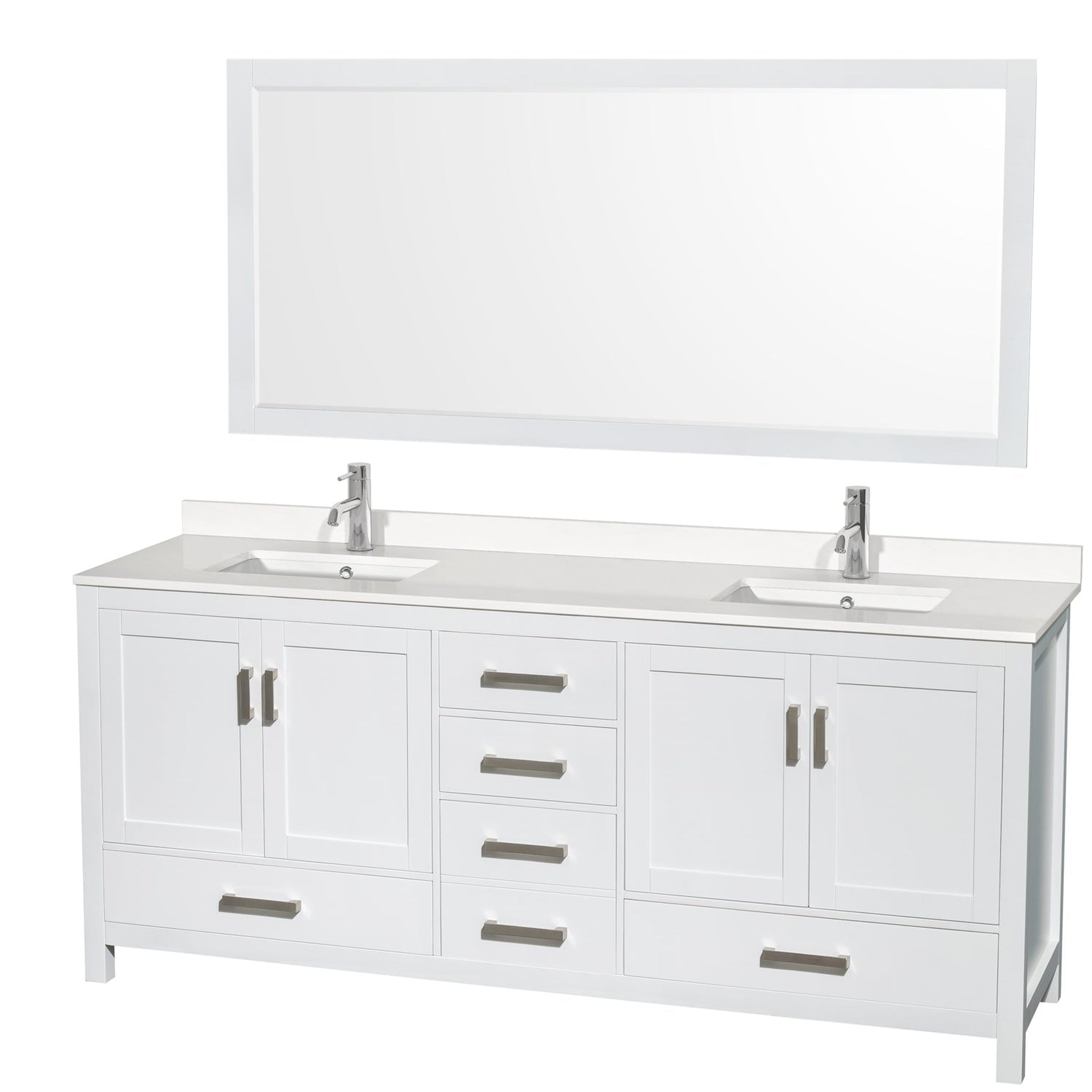 Wyndham Collection, Wyndham Collection Sheffield 80" Double Bathroom Vanity in White, White Quartz Countertop, Undermount Square Sinks, 70" Mirror