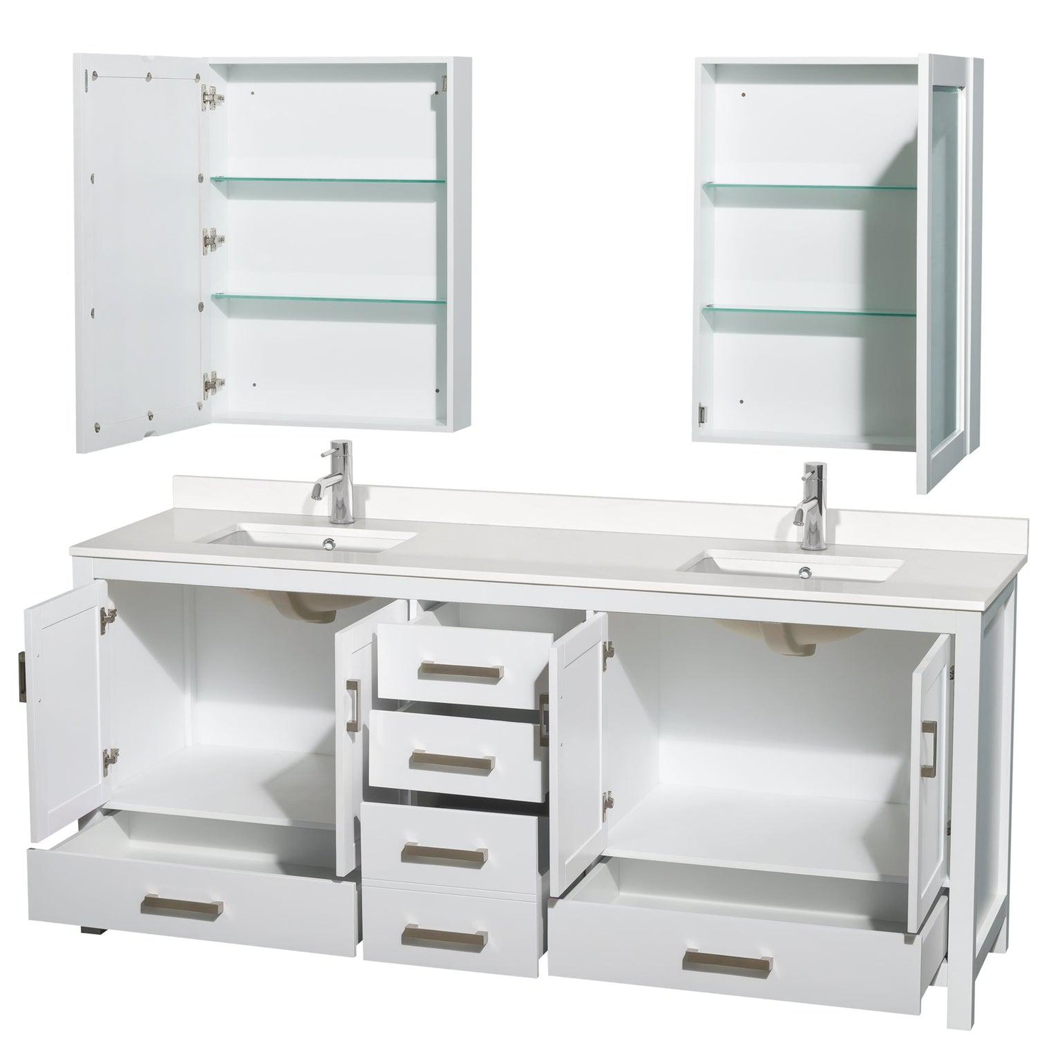 Wyndham Collection, Wyndham Collection Sheffield 80" Double Bathroom Vanity in White, White Quartz Countertop, Undermount Square Sinks, Medicine Cabinet