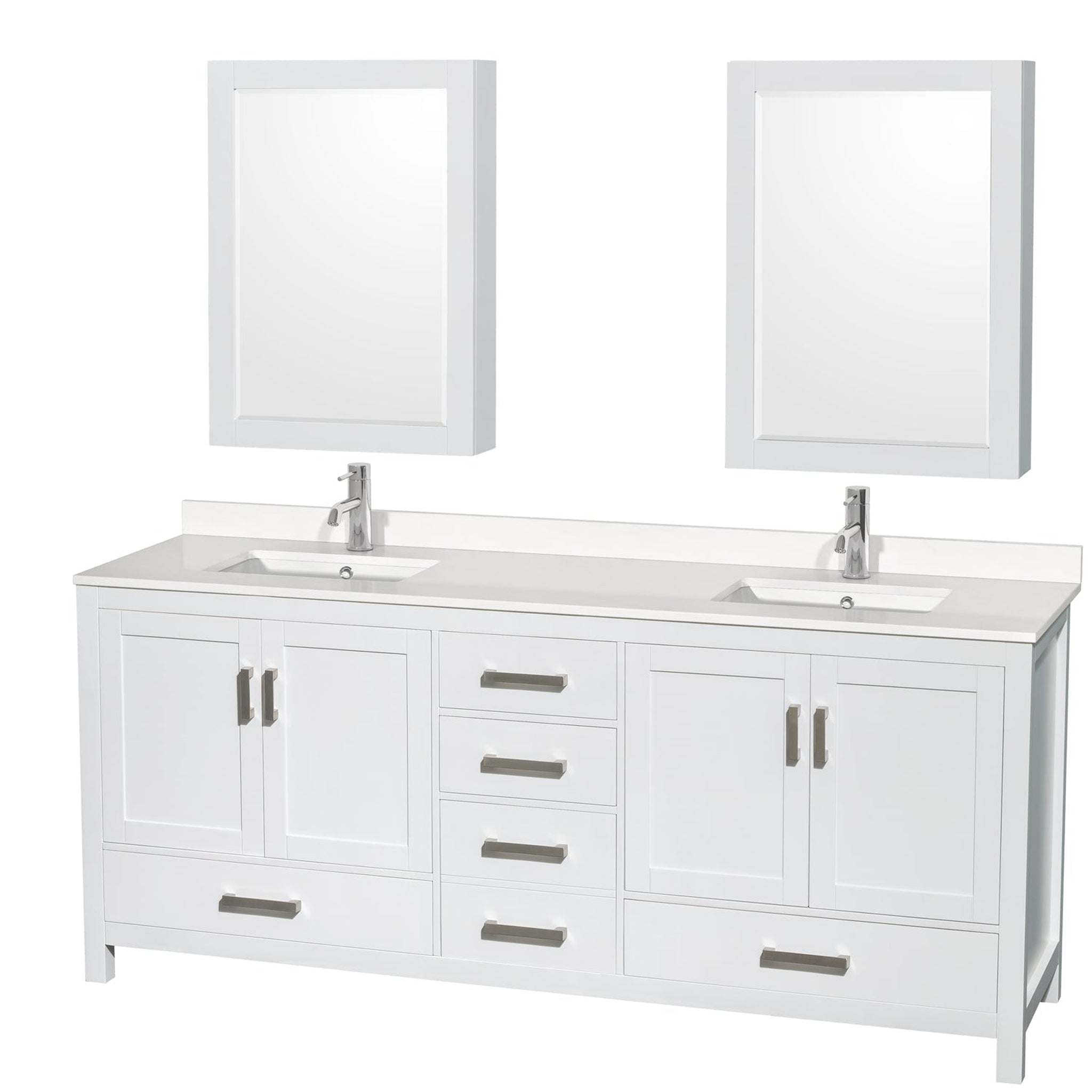 Wyndham Collection, Wyndham Collection Sheffield 80" Double Bathroom Vanity in White, White Quartz Countertop, Undermount Square Sinks, Medicine Cabinet